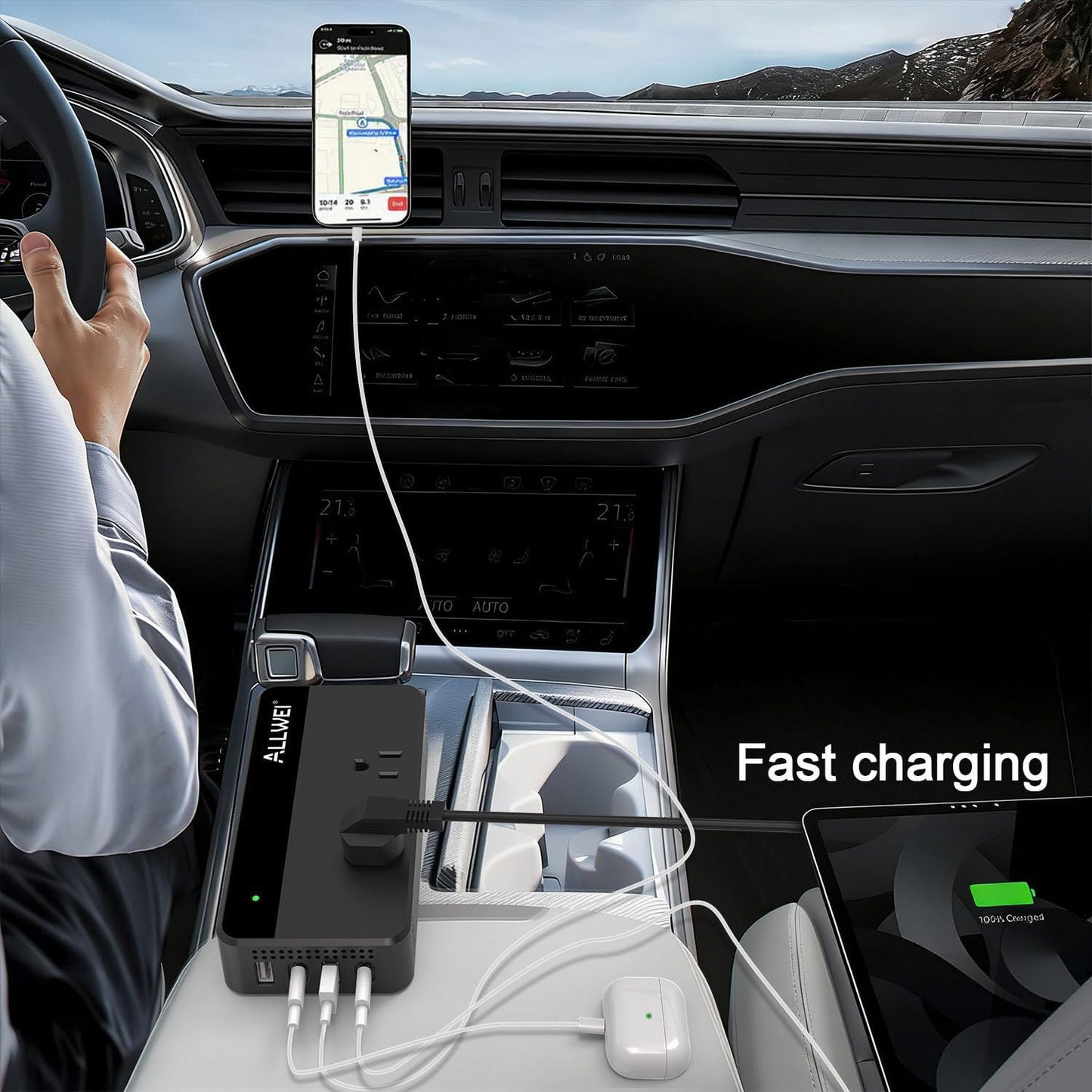 ALLWEI 200W 12V 110V 4 Port(2xUSB 2xUSB Car Power Inverter, DC to AC Car Inverte with USB Fast Charging A, C)- Car
