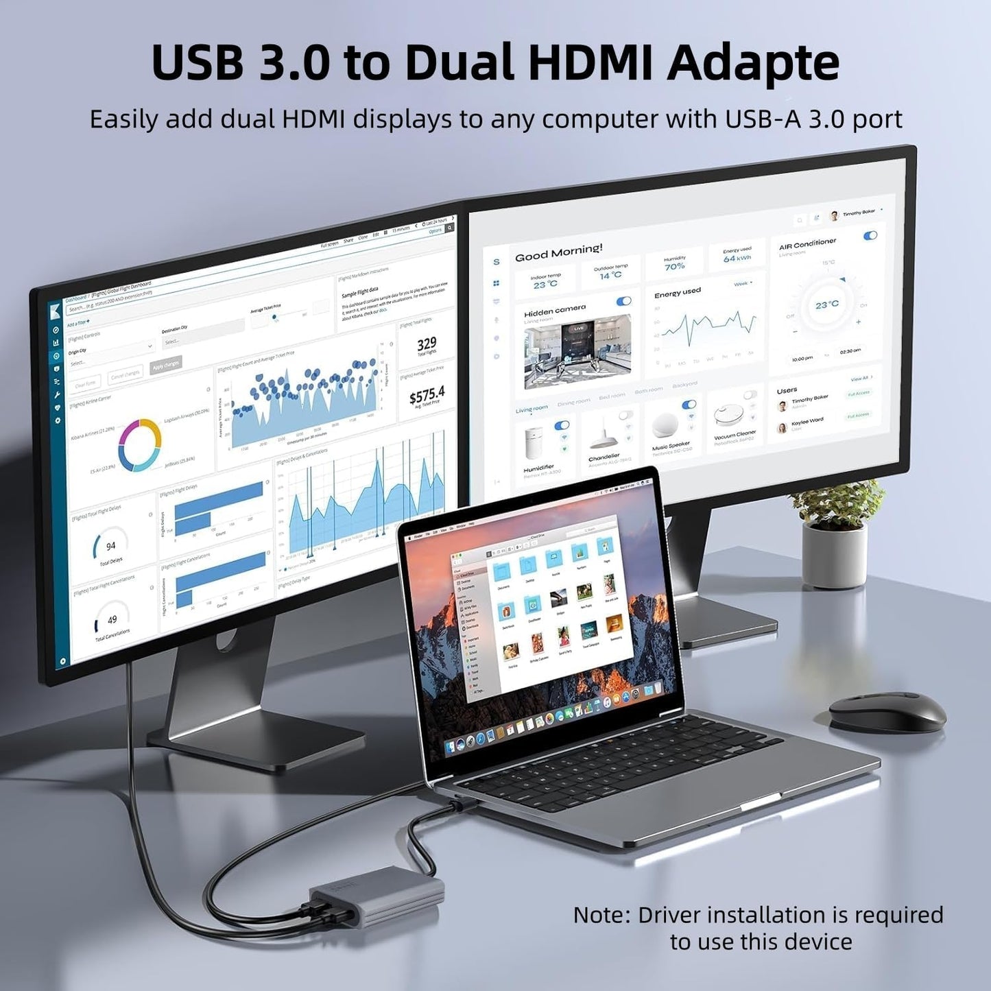 XinYaa 3.0 3.0 2X 3 USB to Dual HDMI Adapter, USB A to HDMI Monitor Converter, HDM I Splitter for Dual Monitors