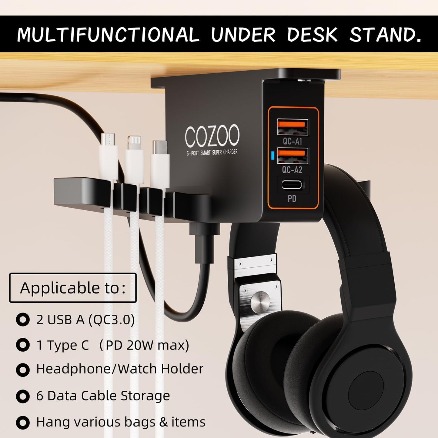 cozoo Headset 3 Headphone Stand with USB Charger Under Desk Holder Mount USB Charging Station,iWatch Stand Watch Dock