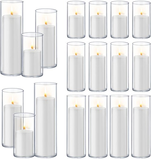 Homjoy 36 PCS White Pillar Candles Set - Glass Holders & Hurricane Vases for Weddings, Events, Home Office