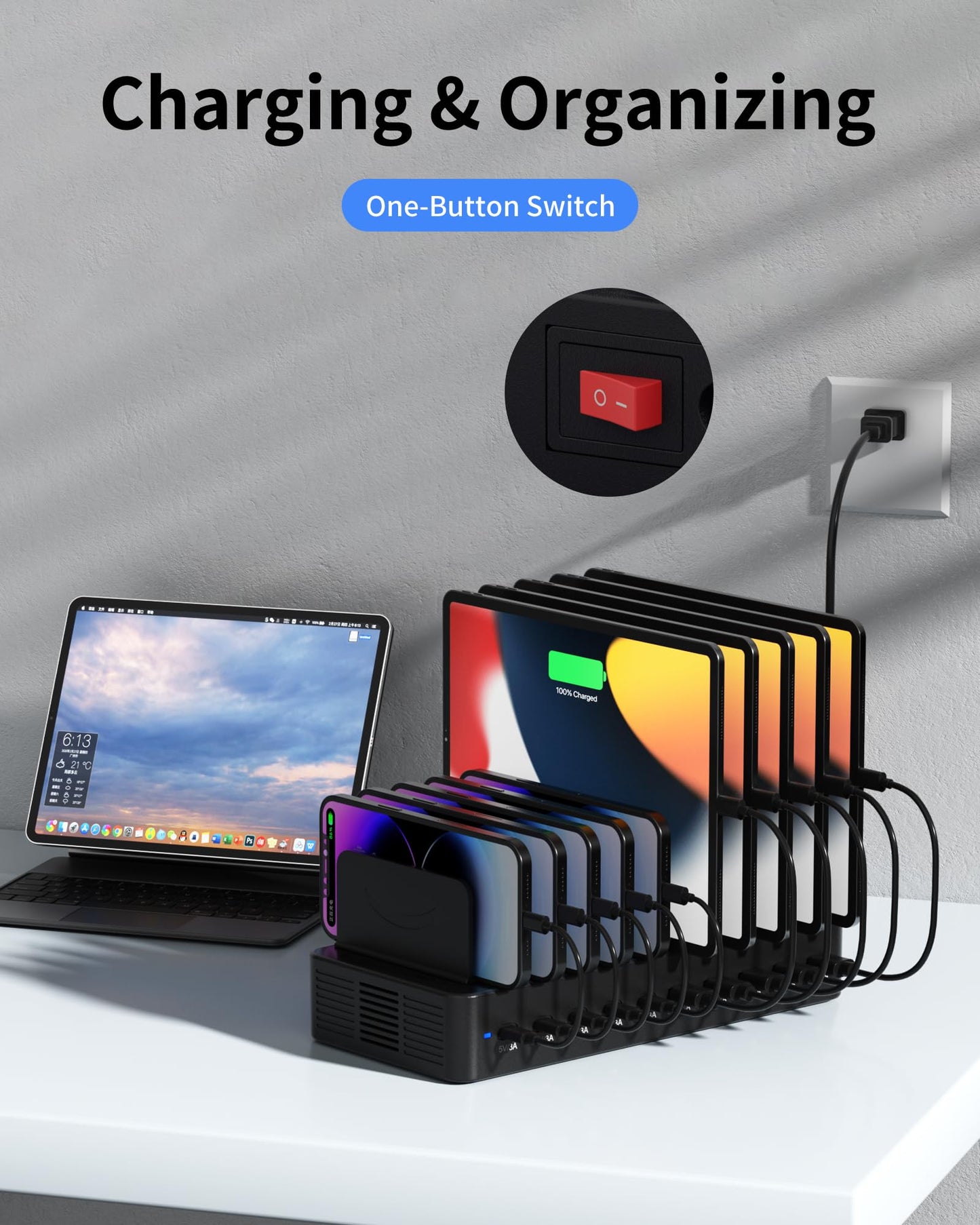 100W Charging Station for Multiple Devices, 10-Port USB Fast Charging Station with Adjustable Dividers & 10 Cables- Multi Device Organizer Charging Dock for iPhone, iPad, Tablets & More(Black)