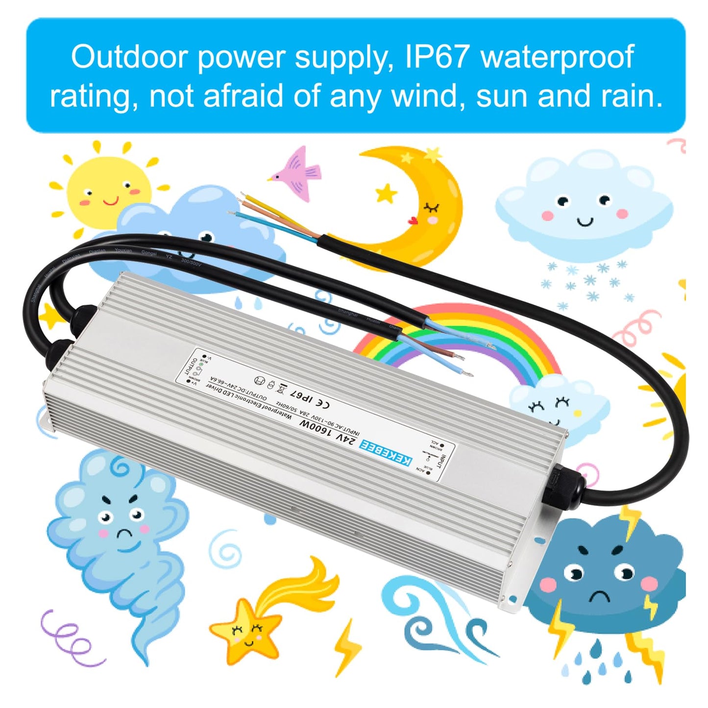 KEKEBEE LED Driver 24V1600W Waterproof Power Supply AC 90-130V to DC 24V66.6A Waterproof Switching Power Supply IP67 Transformer Suitable for Indoor and Outdoor LED Lighting and Any 24V DC Equipment