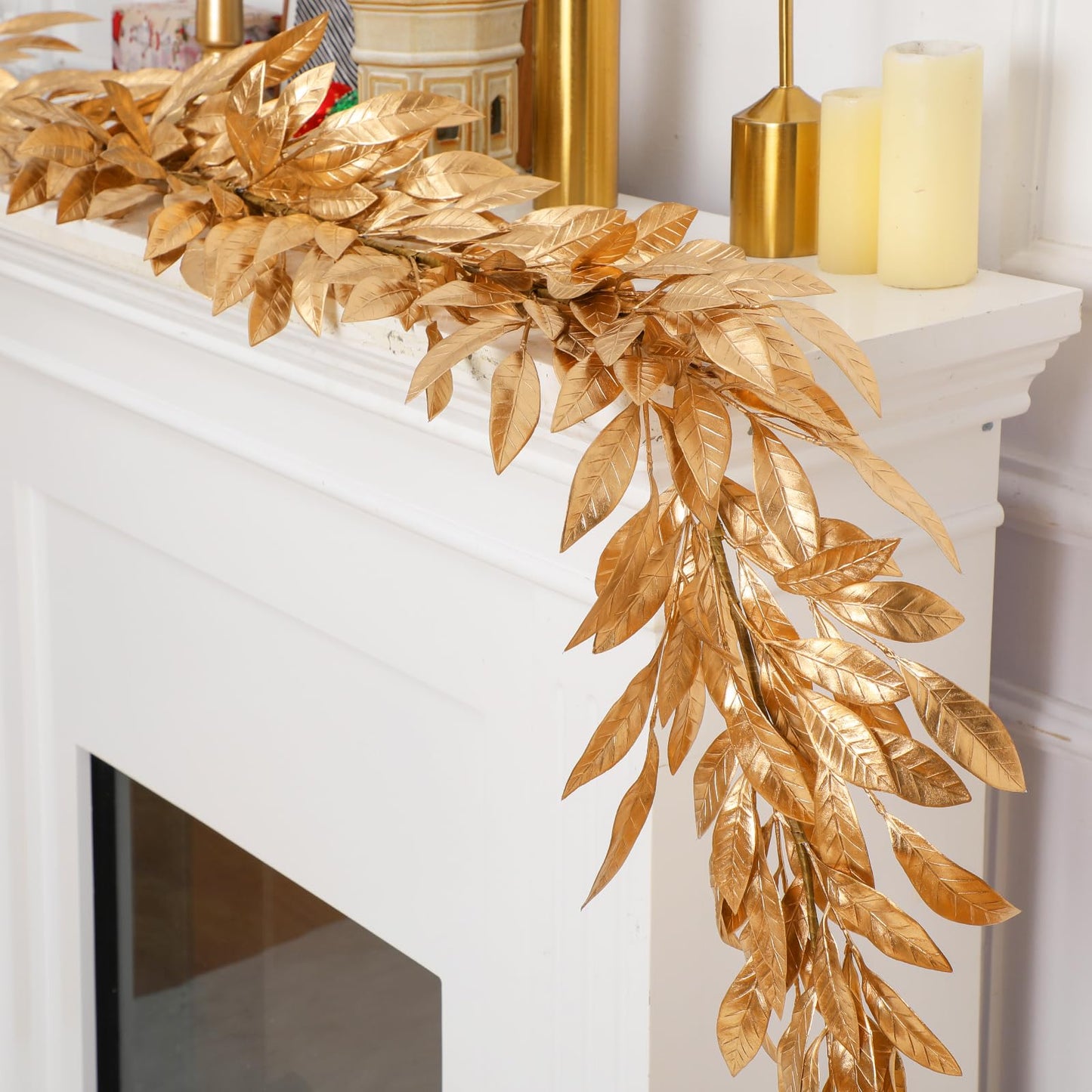 Jutom 9 Ft Gold Christmas Bay Leaf Garland Decoration Gold Bayleaf Garland for Christmas Fireplace Front Door Stairs Decoration Xmas Holiday Winter Engagement Birthday Wedding Supplies