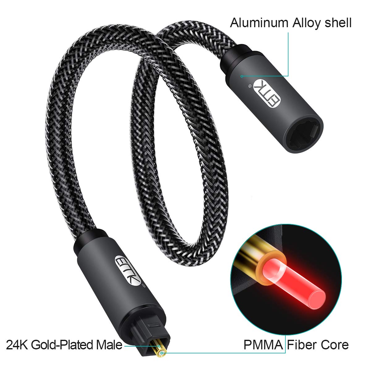 24K 3.3ft EMK Optical Extension Cable Male to Female Coupler Cord Nylon Braided Jacket Gold-Plated Fiber Digital