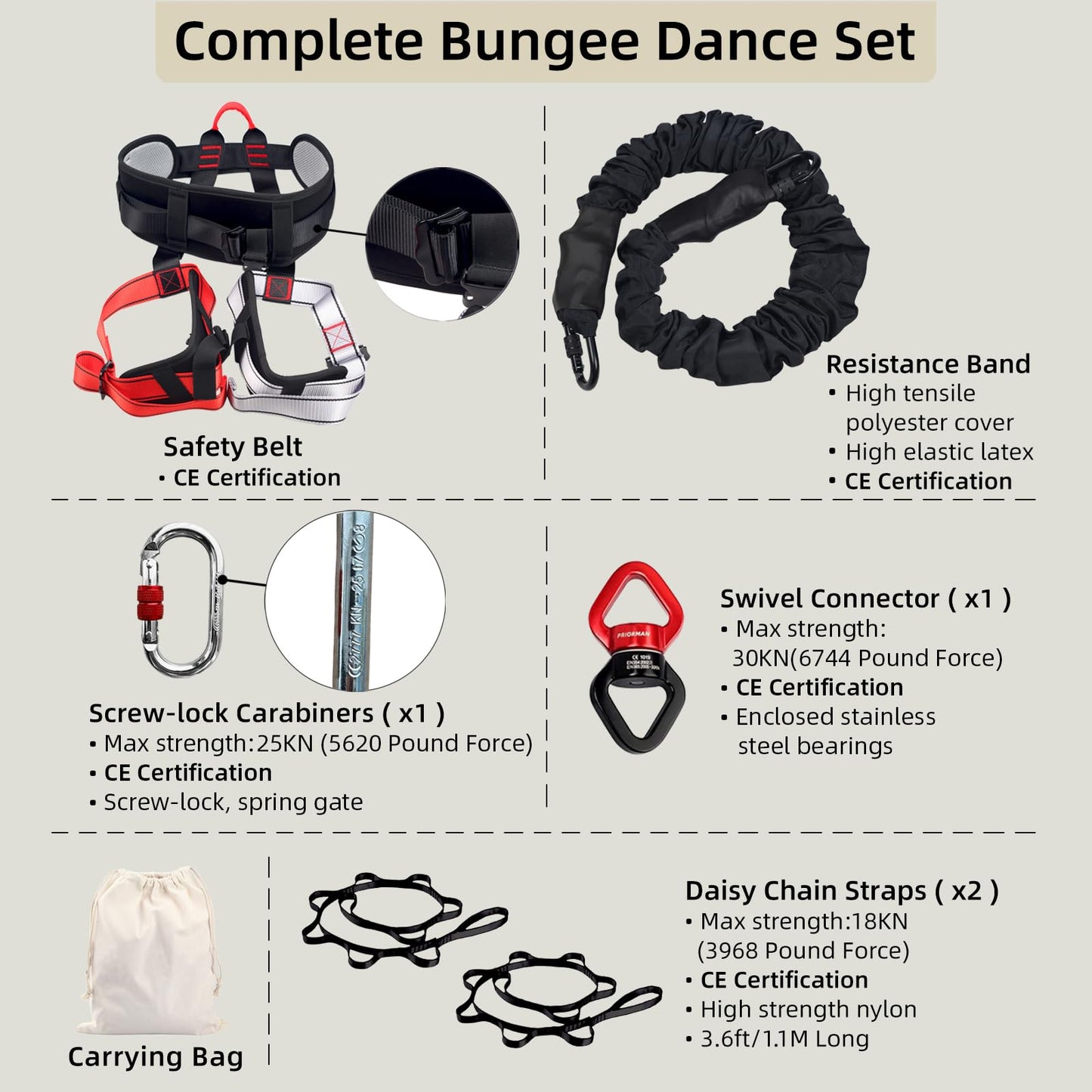 PRIORMAN Professional Bungee Dance Fitness Kit, 6 Sizes, CE Certified Complete Harness Set with Resistance Band & Hanging Hardware for Suspension Training Home & Studio(XS)