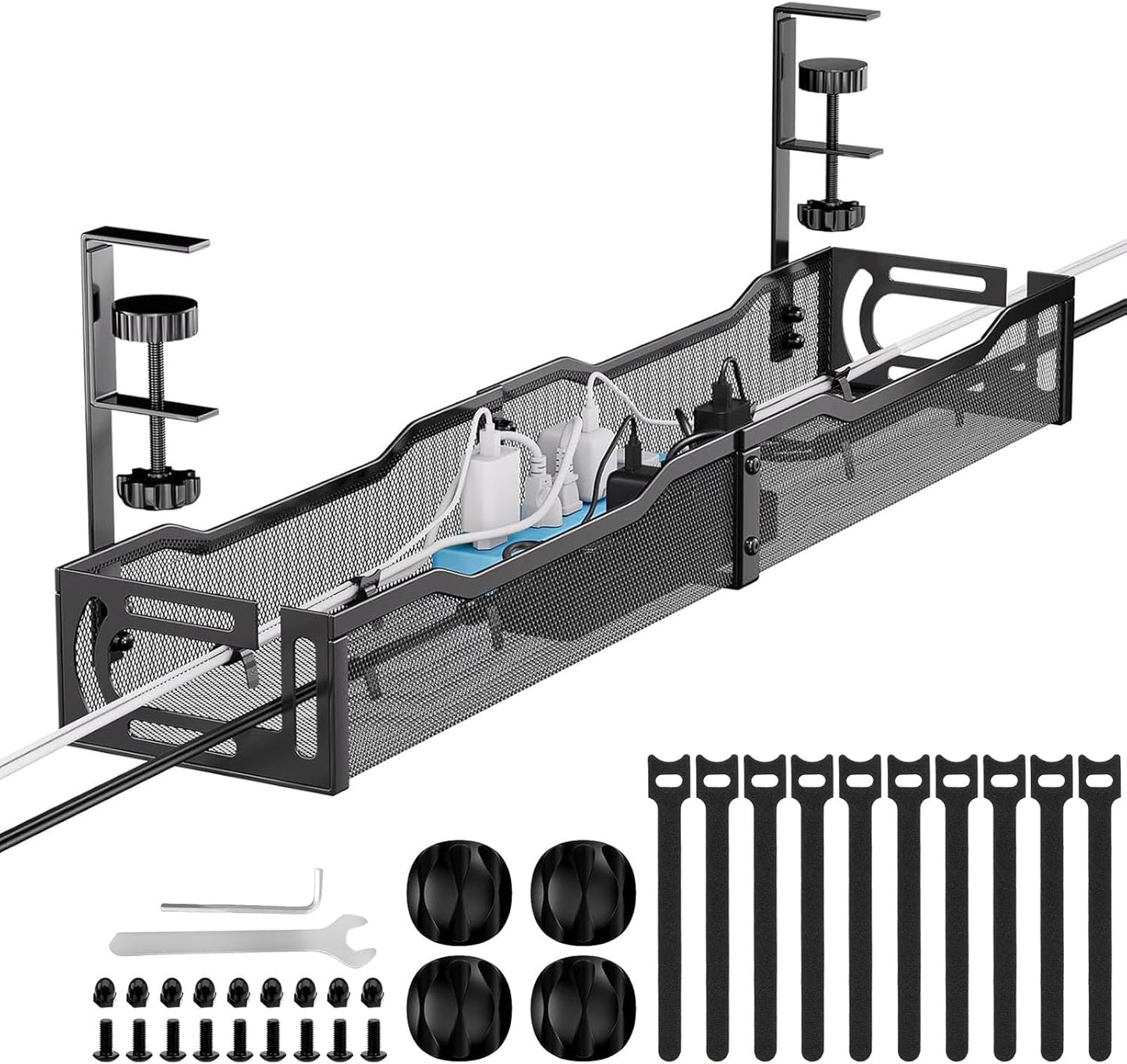 Mzmaxy 25'' Cable Management, Cable Management Under Desk No Drill, Metal Cord Organizer with Clamp for Standing Desk