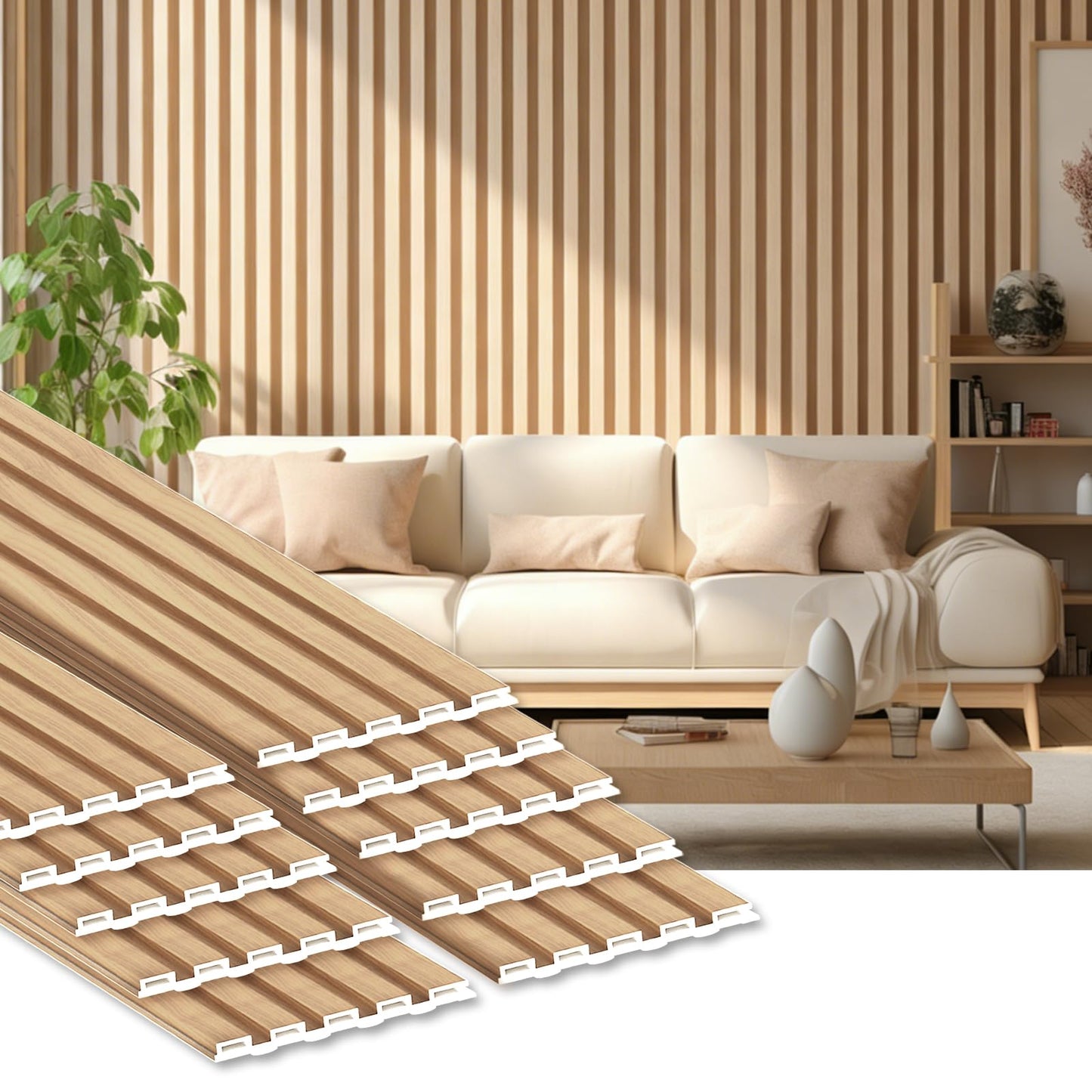 RITOLLO 10 Pack WPC Slat Wall Panels, 3D Fluted Acoustic Wall Paneling 90.6 x 6.1 x 0.35 Inches, Wood Look Decorative Panels for TV Background, Living Room, Interior Wall Decor (Elm)