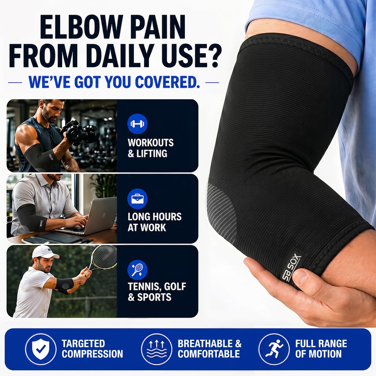 SB SOX Compression Elbow Brace (Pair) – Great Support That Stays in Place – for Tennis Elbow, Tendonitis, Arthritis, Golfers Elbow – Perfect for Weightlifting, Sports, Any Use (Black/Gray, Large)