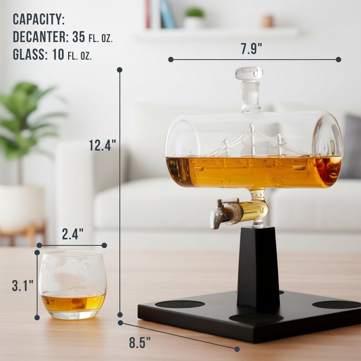 TRUCART - Boat Whiskey Decanter Set with 4 Glasses – 1100ml Elegant Ship-in-Bottle Design on Wooden Base – Premium Glass & Wood, 310ml Glasses – Luxury Gift for Whiskey Lovers, Office or bar