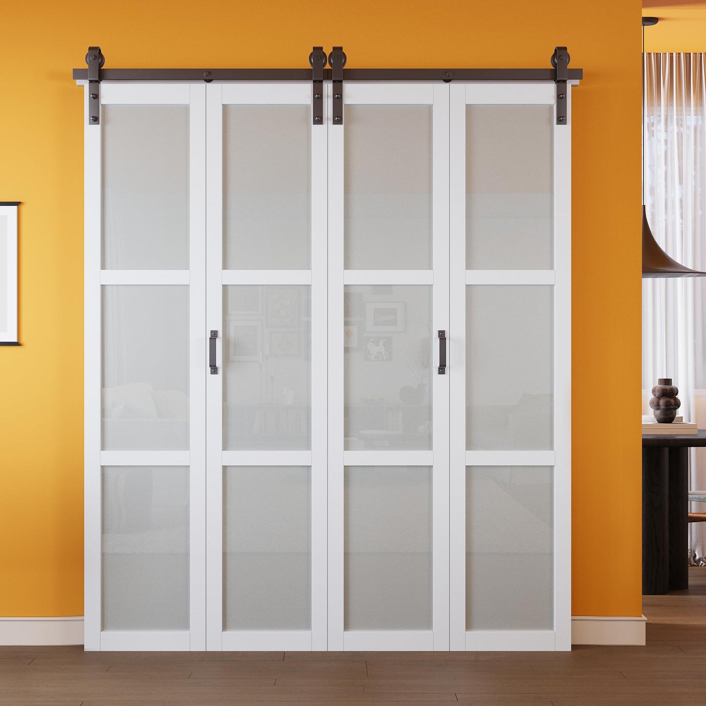 Paintable Bifold Barn Door, Fingerprint-Resistant 3 Lite Frosted Glass Bi Fold Barn Door with Good Privacy, Pre-Assembled Solid Core MDF Panels for Closet Pantry Laundry, Easily Install, 72" x 84"