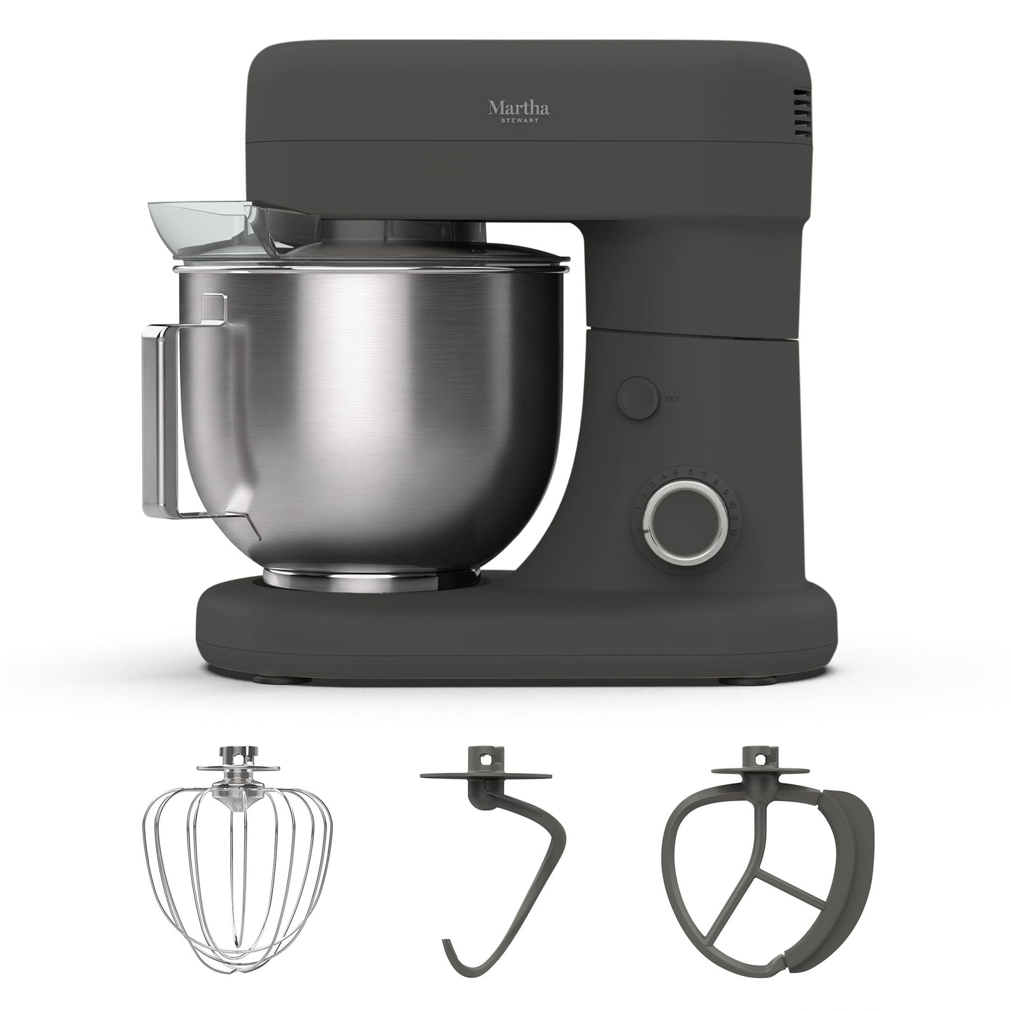Martha Stewart 5.3Qt Stand Mixer, 12-Speed Tilt-Head Electric Kitchen Mixer with Stainless Steel Bowl, Dough Hook, Whisk & Beater, Splash Guard, Ideal for Baking Bread, Cake & Whipping, Caviar Gray