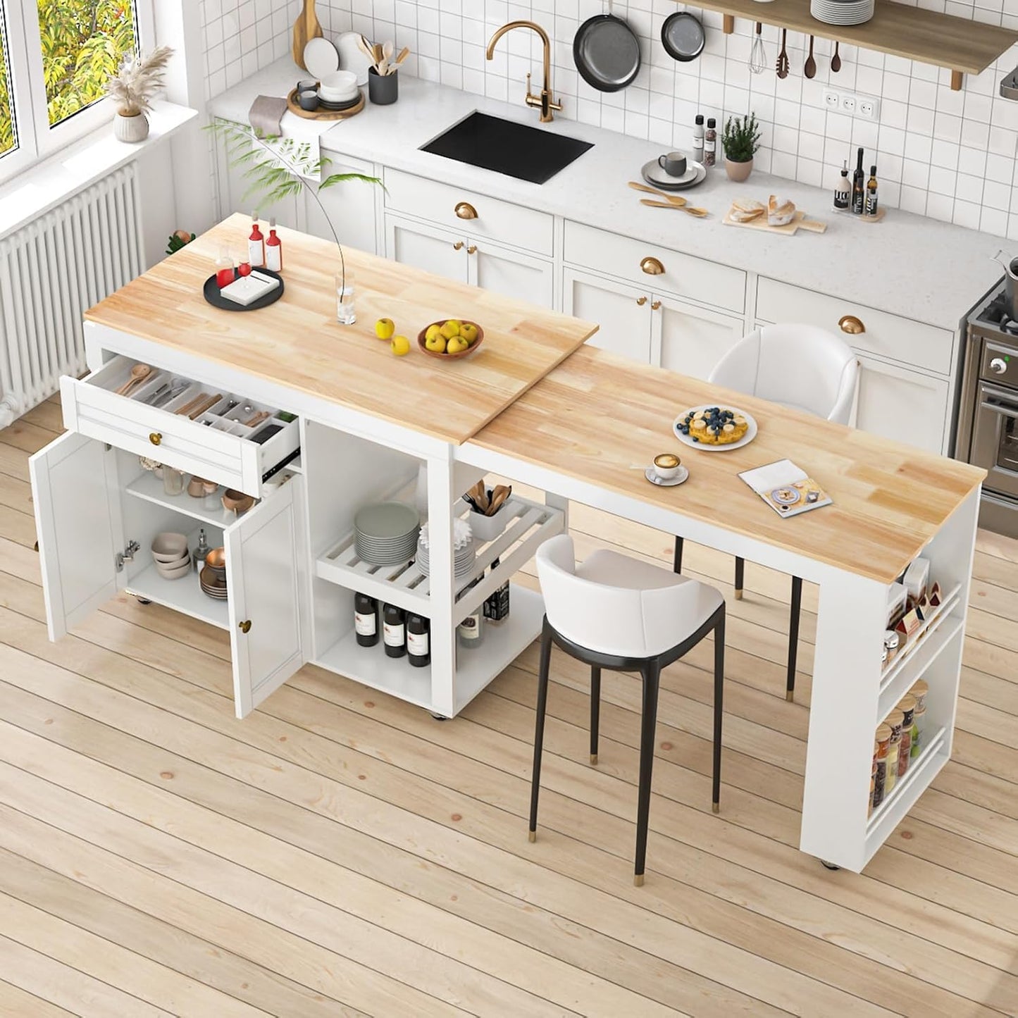 DalyLuxa 78"-49" Extendable Rolling Kitchen Island with Extended Dining Table, Mobile Kitchen Storage Islands with Storage Drawers, 2-Tier Storage Shelf, White