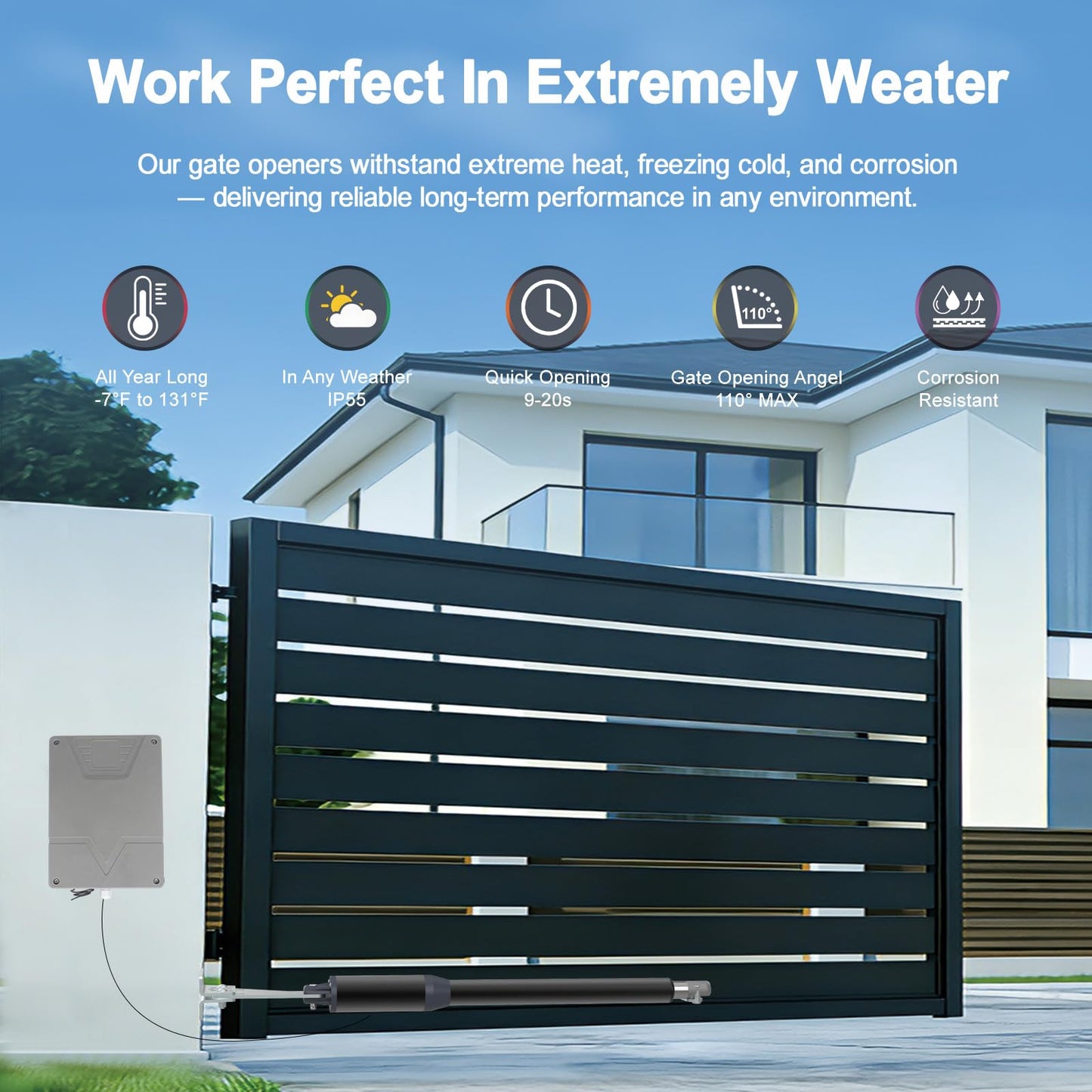 Gyxel C01-L Solar Gate Opener Kit with Batteries & Solar Panel for Single Swing Gate Up to 14ft Long or 440lb, Automatic Gate Openers for Driveway Single Swing Gate with Long-Range Gate Opener Remote