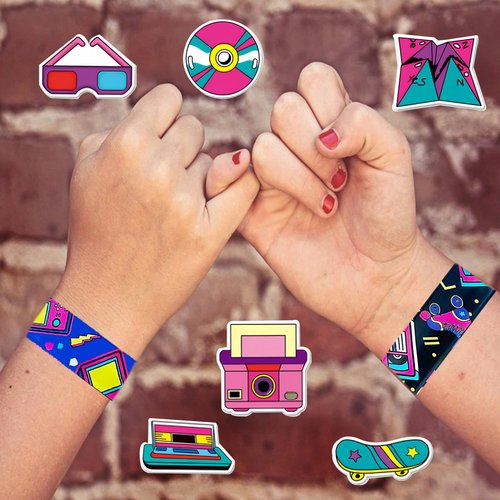 CZWXOXO 74Pcs 80s Theme Party Favors Contain 24 Pcs 80s Theme Slap Bracelets 50Pcs 80s Theme Stickers, Retro Birthday Party Decorations,Classroom Rewards Supplies.