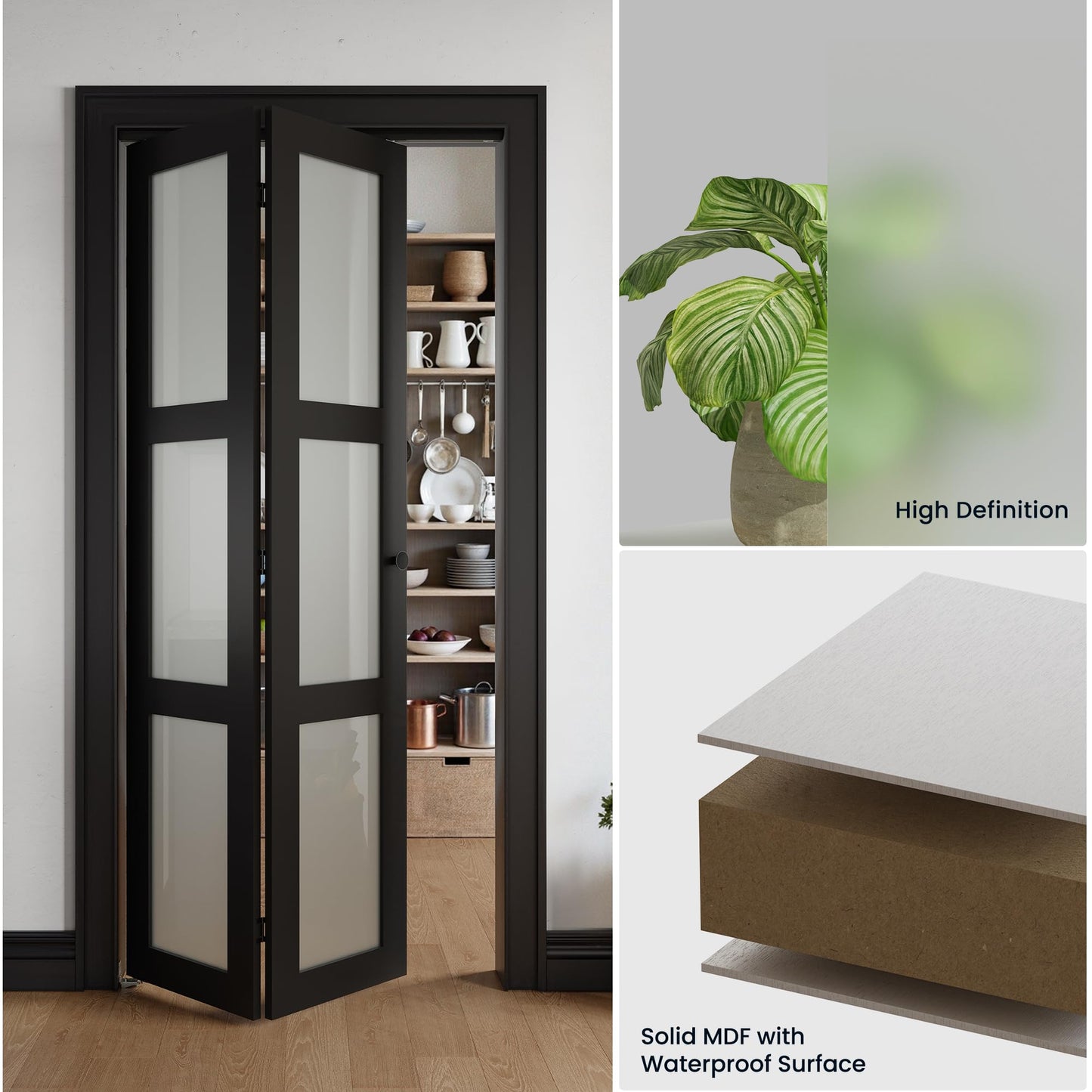 COSHOMER Bifold Doors for 24" x 80" Opening, 3-lite Tempered Frosted Glass Closet Folding Doors with Hardware kit Included, Easy Assembly, Black