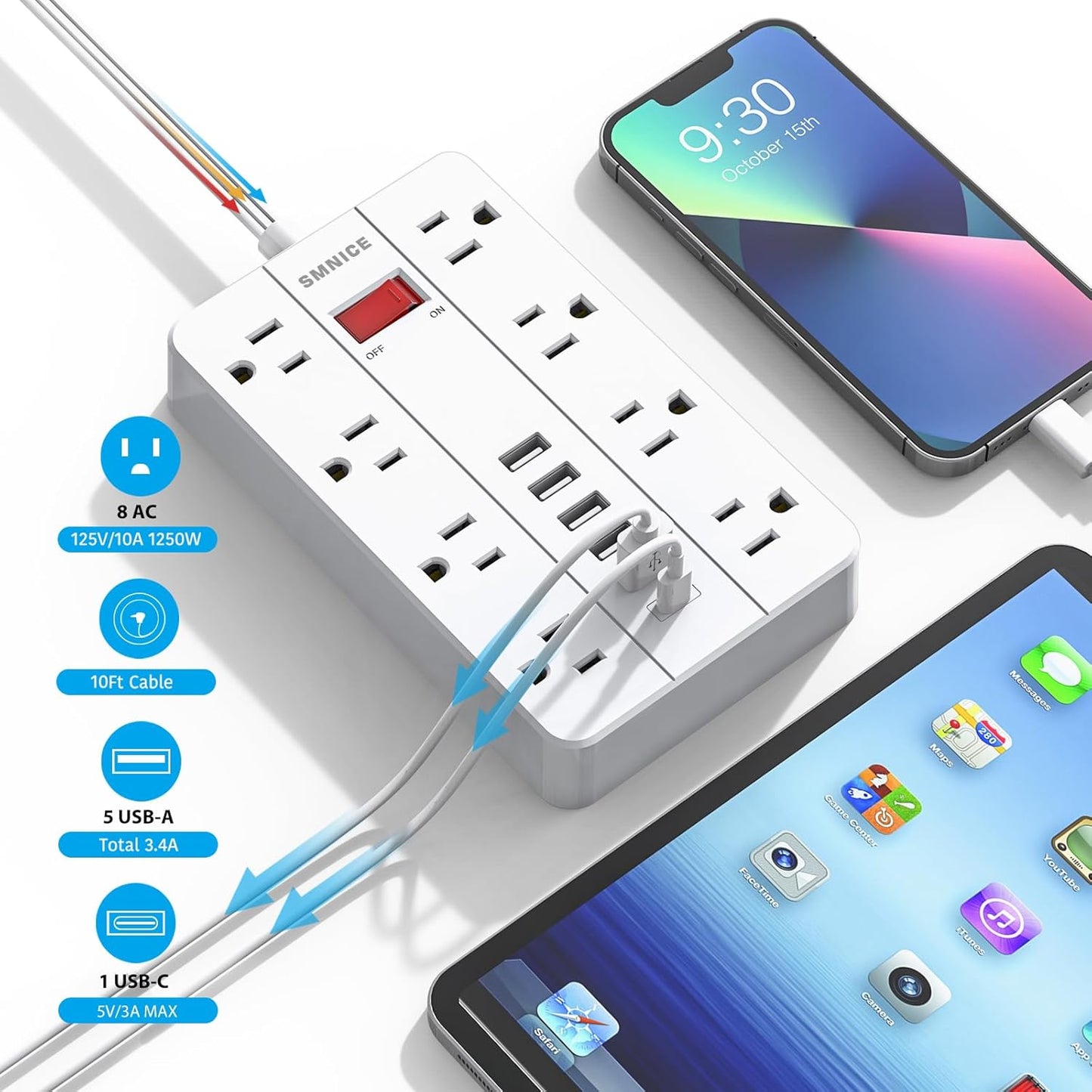 SMNICE 10 8 6USB(1 Power Strip Surge Protector, Flat Plug Long Extension Cord Ft with Widely Spaced Outlets USB C)