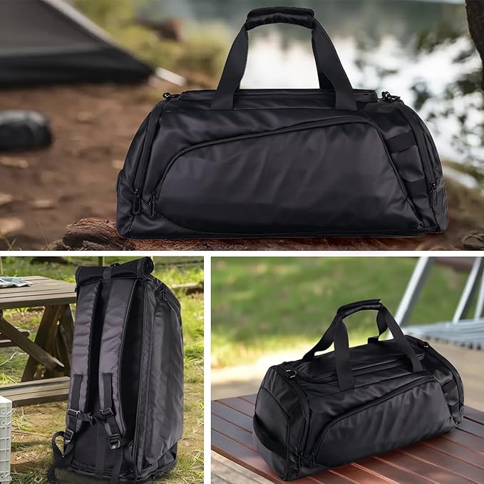Duffle Bag for Travel, Carry on Gym Bag for Men, Waterproof Sport Bags with Shoe Compartment, 40L Lightweight Weekender Bag for Camping, Hiking, Trips - Black (Basic)
