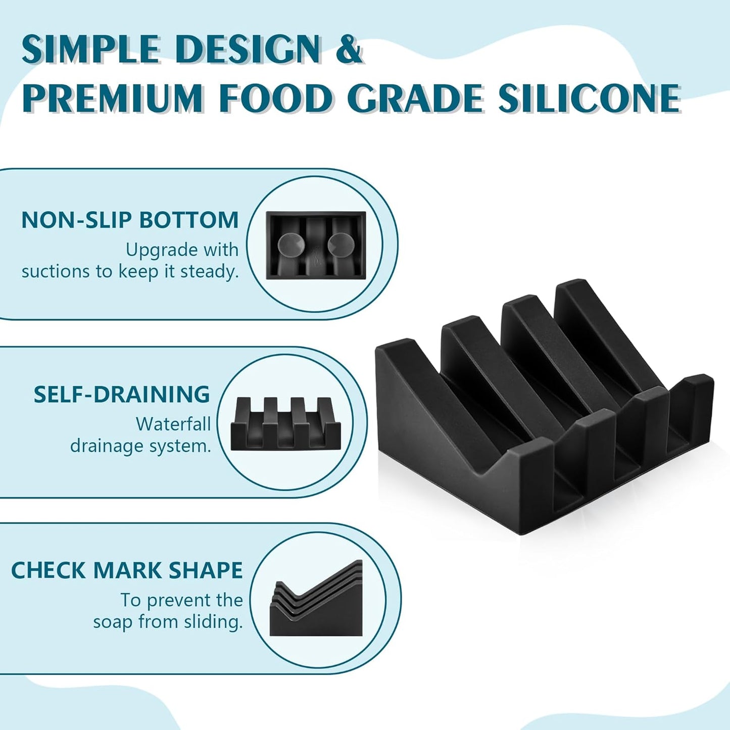 Skiennix Soap Dish Holder - Self-Draining Silicone Design with Suction Cup | Keeps Soap Dry (Black, 1 Pack)