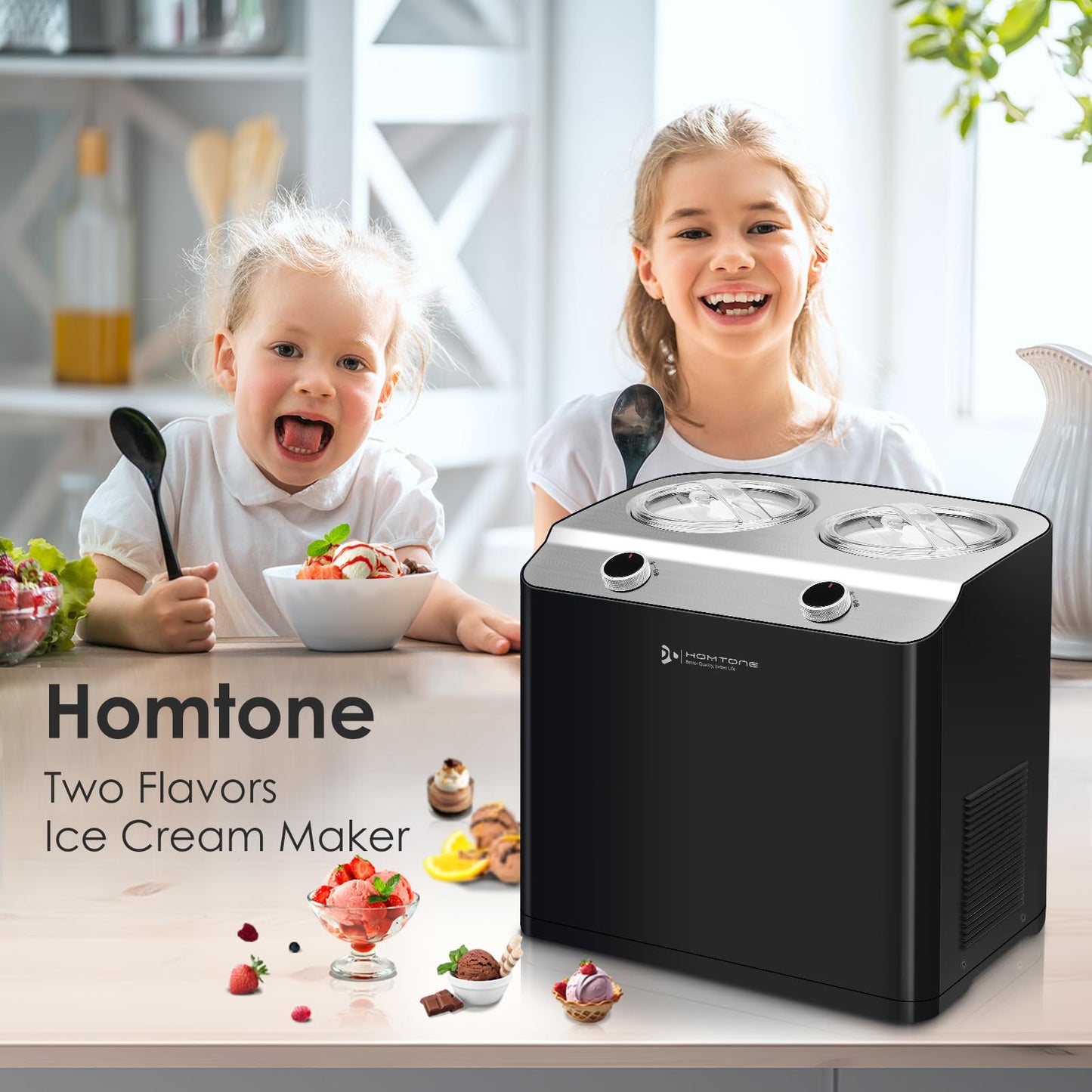 Homtone 2 Flavor Ice Cream Maker,Automatic Compressor Ice Cream Maker Machine with 2 Bowls,2.6QT (2 x 1.3qt) Largest Capacity & Fastest Freezing Ice Cream Machine, 3 Modes, Keep Cool Function