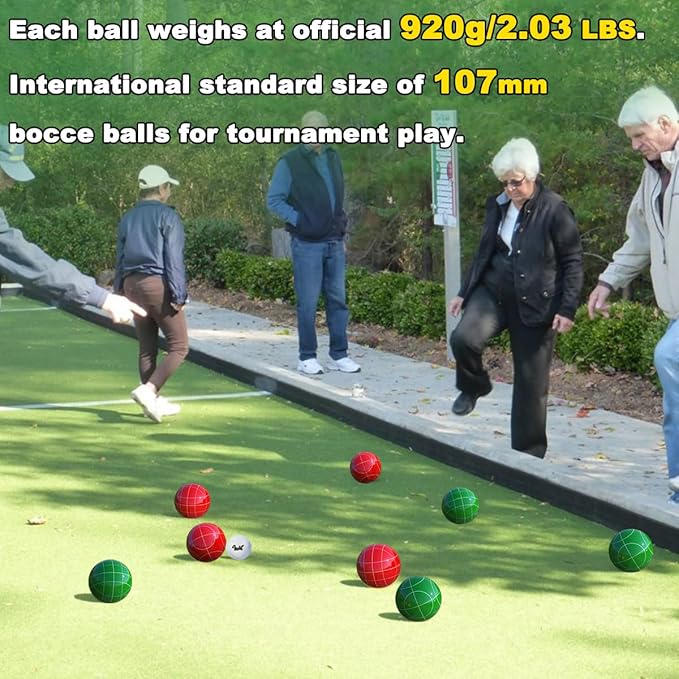 Bocce Ball Set Regulation Size and Weight for Professional Tournament, Backyard, Beach, Lawn Game with 8 Resin Bocci Balls, Pallino, Measuring Rope, Carrying Bag