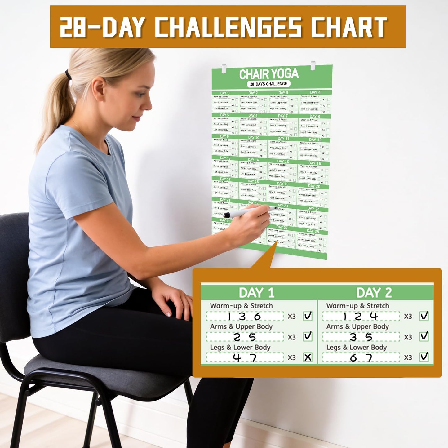 Chair Yoga Poster Set for Seniors & Beginners-3 Illustrated Guides,1 28-Day Challenges, 8 Double-Sided Clips &1 Dry-Erase Marker, 36 Poses Wall Chart Includes Postures, Instructions & Breathing Tips