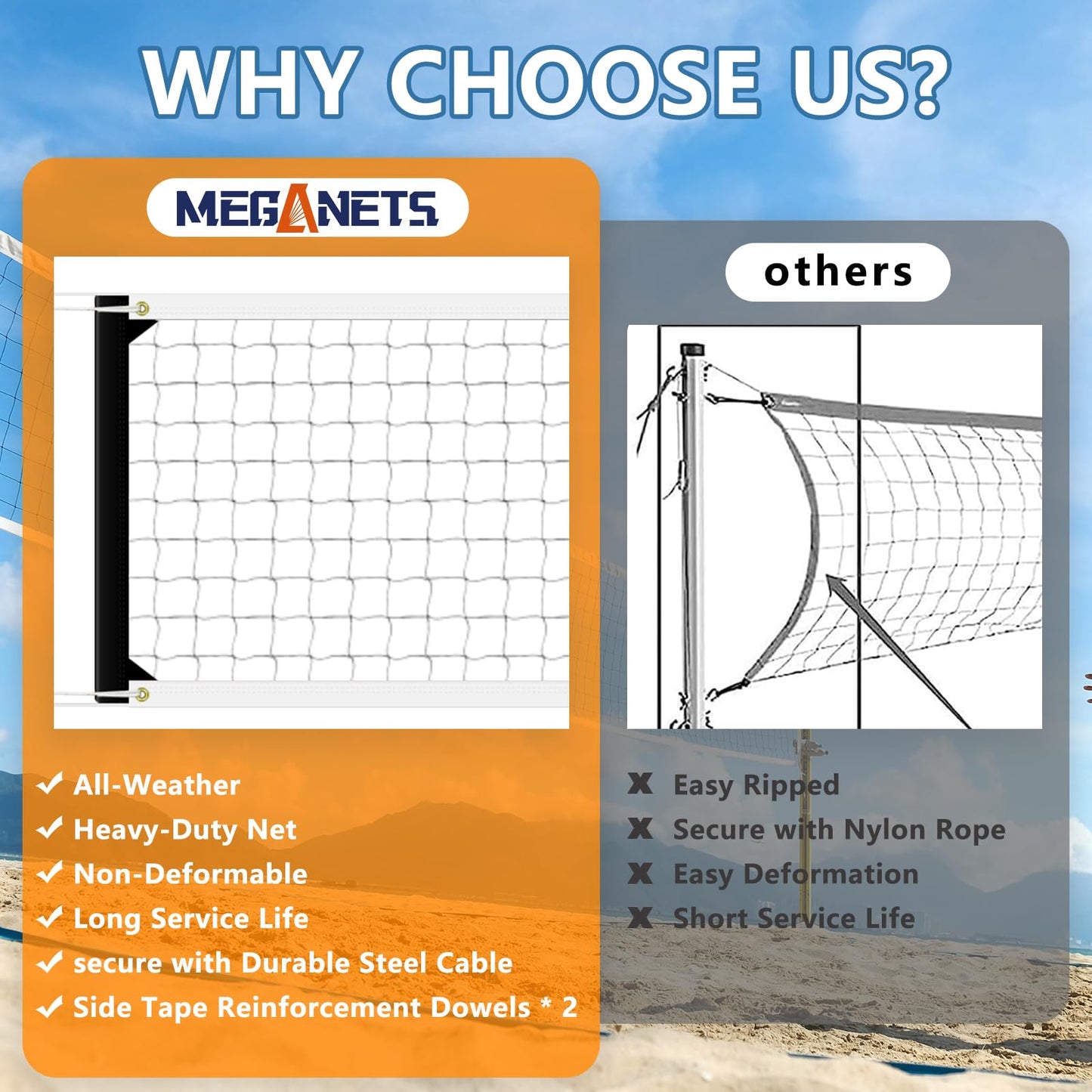 MegaNets Volleyball Net Replacement Heavy Duty Outdoor Volleyball Nets with Steel Cable, 32x3FT Volleyball Net for Backyard Volley Ball Net for Court Beach Pool Park(Net Only)