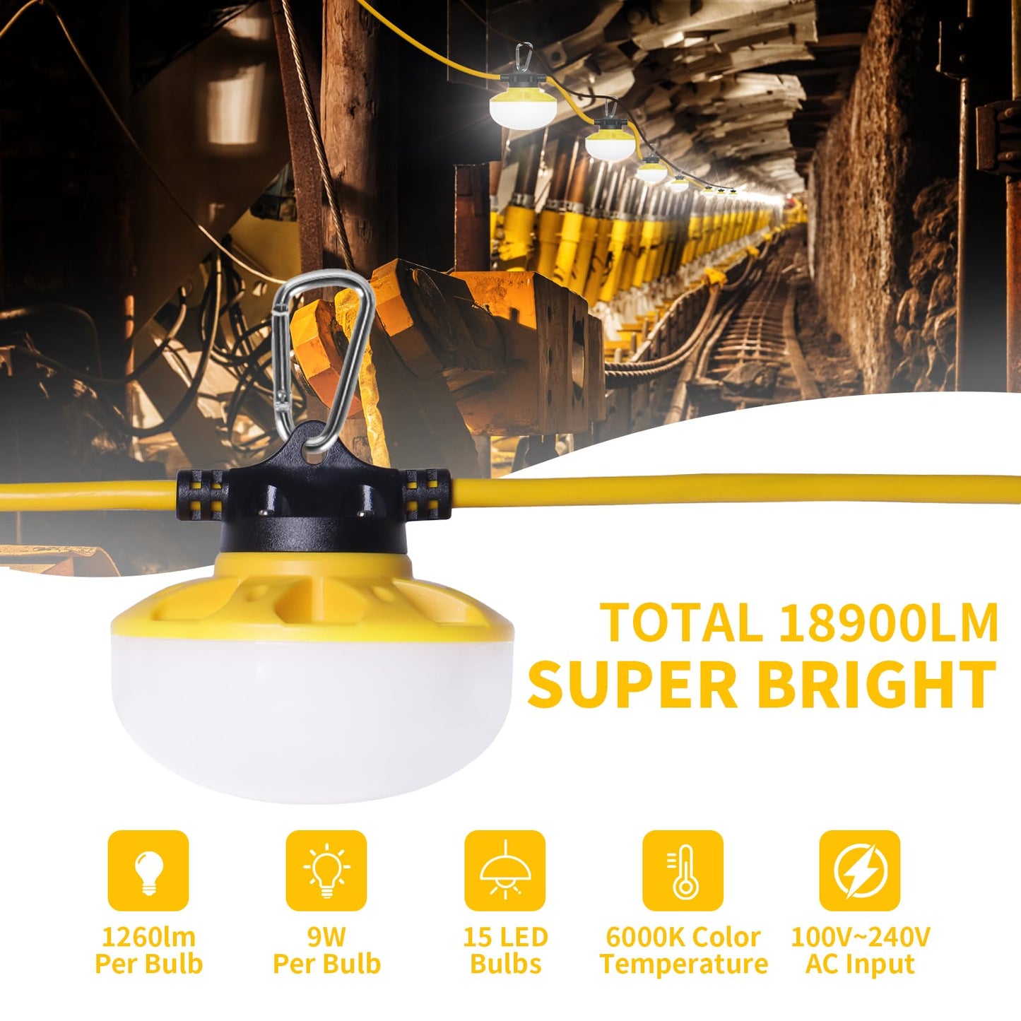Phylosal 150FT LED Construction String Lights, 135W 18900LM LED String Work Lights with 15 Bulbs & Hooks, IP65 Waterproof 6000K Industrial Grade Lighting for Renovation, Mine Cave, Job Site, Walkways