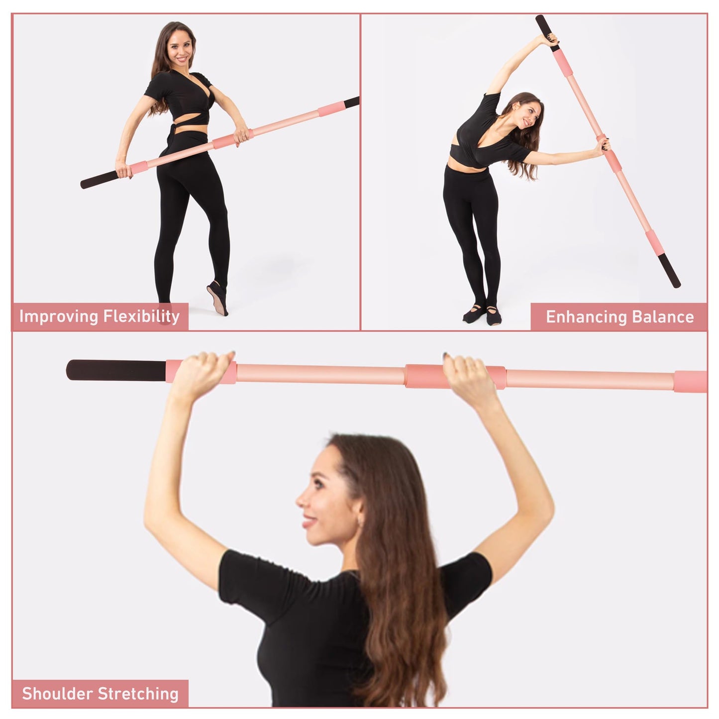 Scisum Pink Yoga Stick 58 Inch - Alloy Steel Stretching & Exercise Stick with Neck & Hand Pads, Shoulder Flexibility Tool for Yoga, Pilates & Home Gym Workouts