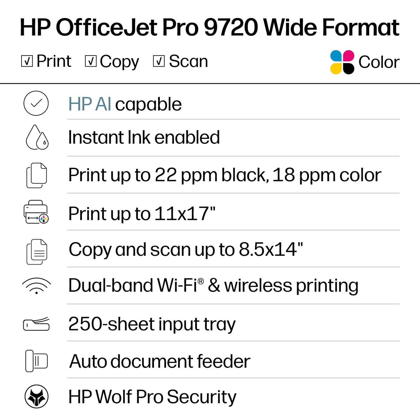 HP OfficeJet Pro 9720 Wide-Format Wireless All-in-One Color Inkjet Printer, Print, scan, Copy, fax up to 11x17, ADF, Duplex Printing Best-for-Office, 3 Month Trial of Instant Ink Included (C2XF9A)