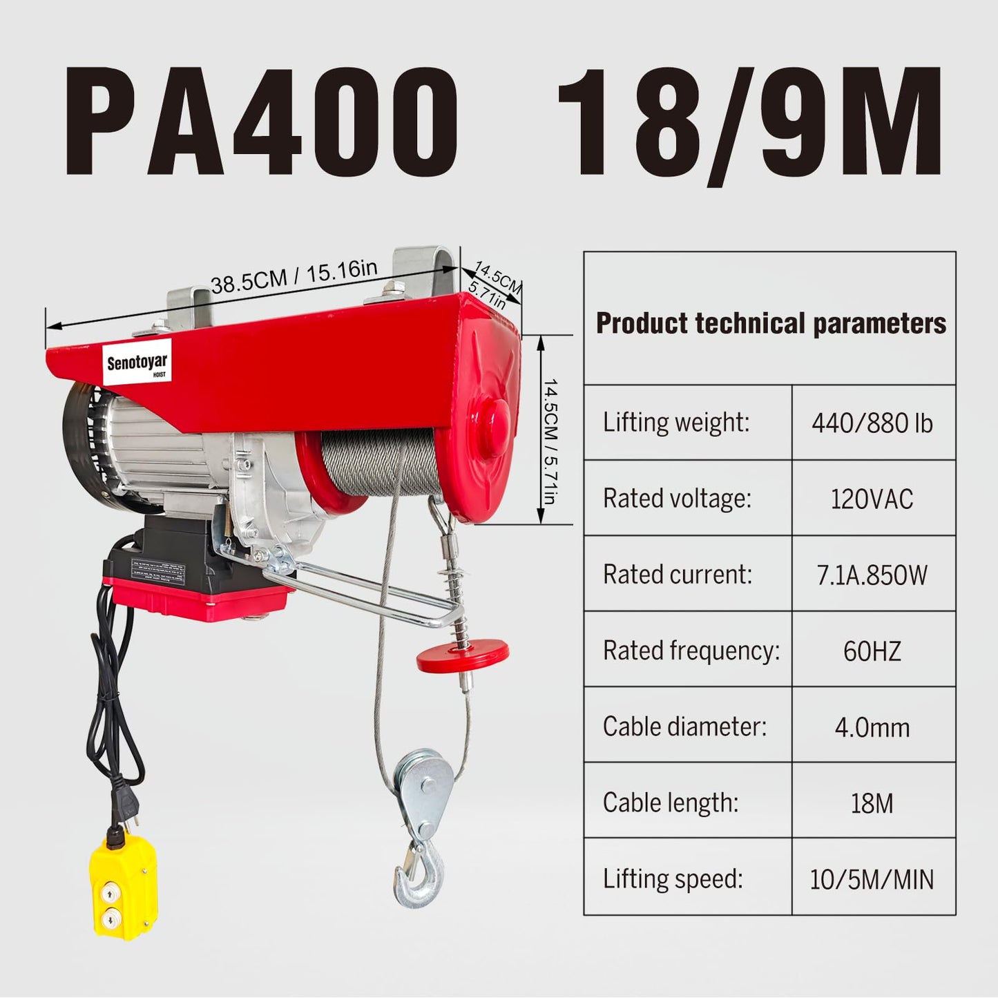 Electric Hoist 2 in 1-880lbs Electric Hoist Winch with 98ft Wireless Control&Wired Remote Control,110v Electric Hoist 59ft/29.5ft Lifting Height for Garage Warehouse Factory,Single/Double Slings