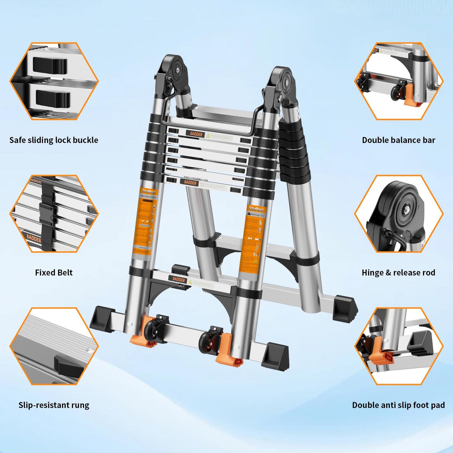 Telescoping Ladder A Frame,Telescopic Ladder for Home, Roof, RV，12.5 Ft Aluminum Extension Ladder with Balance Bar,Wheels and 2 Triangle Stabilizers，330 lb Capacity (12.5FT-A Frame PRO)