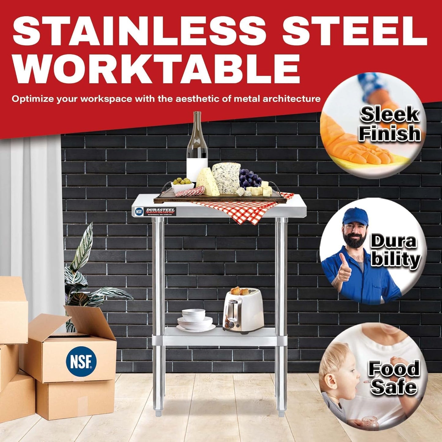 DuraSteel 30x12 Stainless Steel Work Table - NSF Commercial Prep Metal Table - Outdoor Pizza Oven Stand w/Under Shelf - Kitchen Island Laundry Utility Garage Microwave Stand Large Rolling Storage Cart