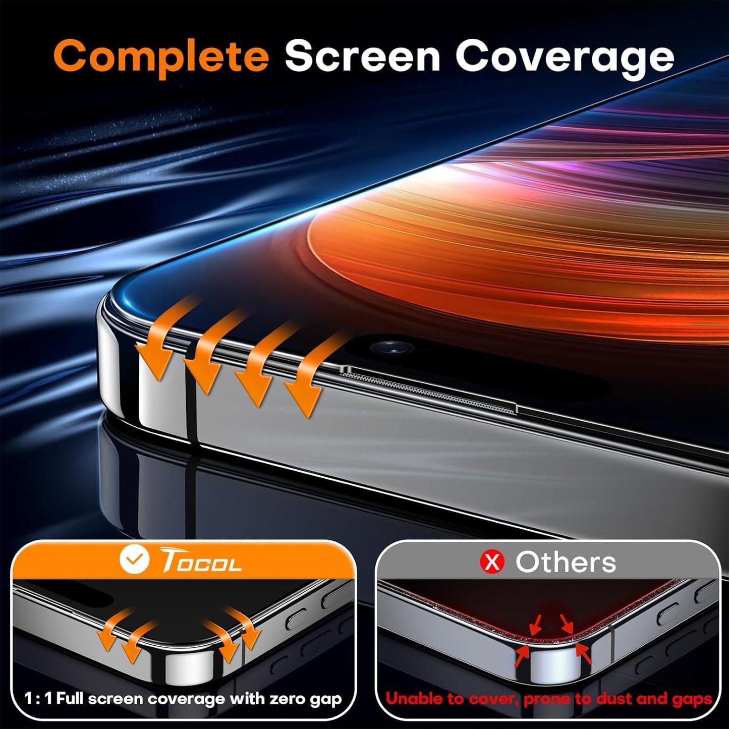 16 9H 2 Pack TOCOL for iPhone Screen Protector, Full Coverage Hardness Easy Installation Military Grade Shatterproof HD
