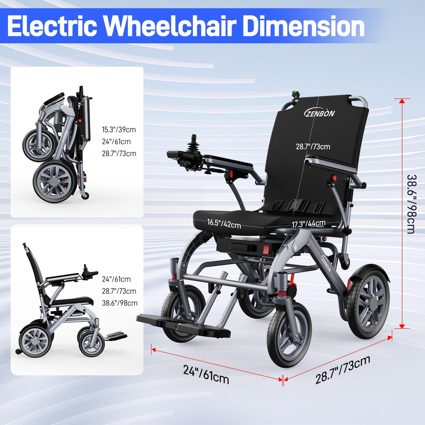 Electric Wheelchairs for Adults ZENBON, 16 Miles Cruise Range, Manual Foldable Powered Wheelchair, Intelligent Motorized Wheelchairs for Seniors, Portable All Terrain Electric Mobility Chair 633A