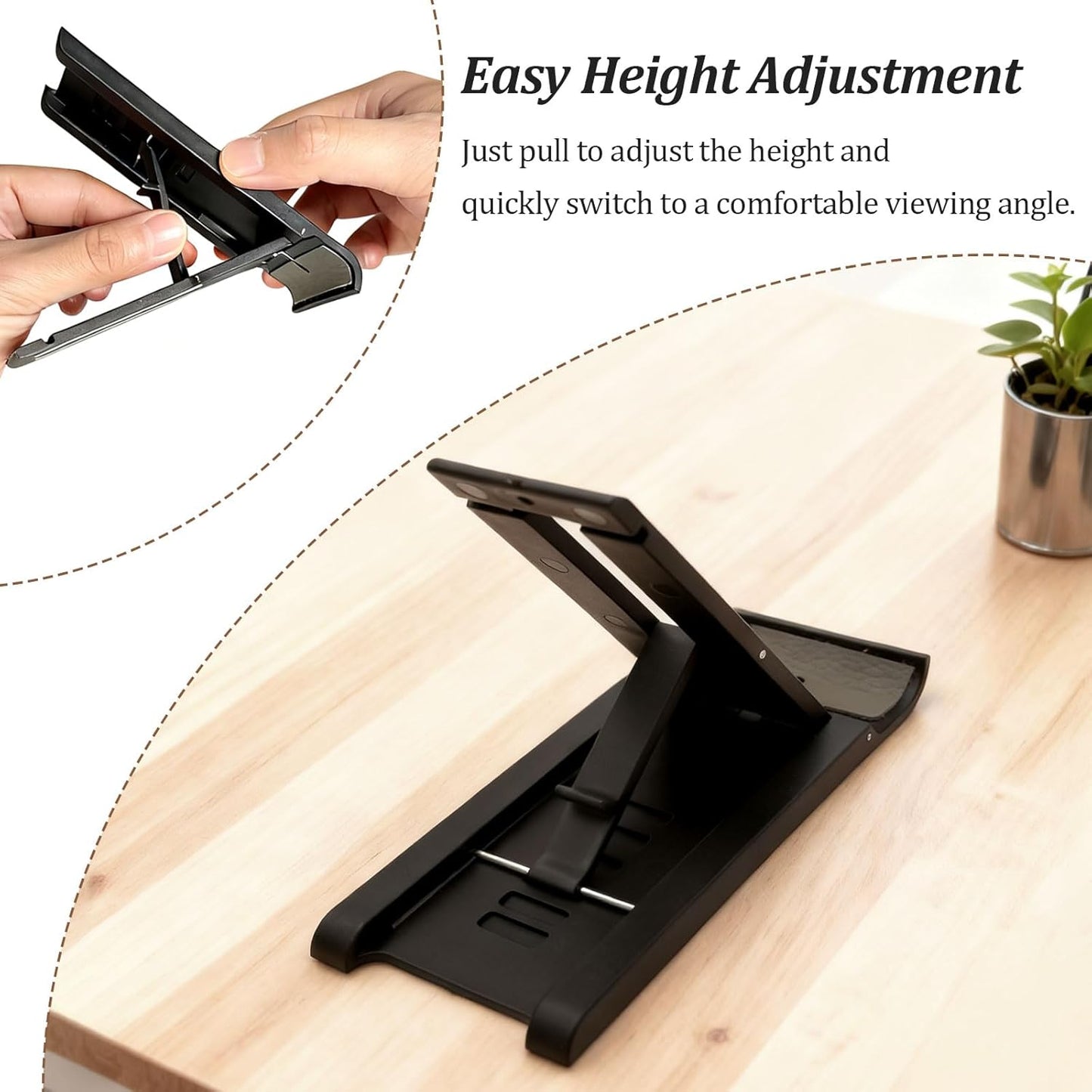 Attkryy Compact Adjustable Foldable Phone Stand for Desk - Black, Mini Mobile Holder for iPhone, Kindle