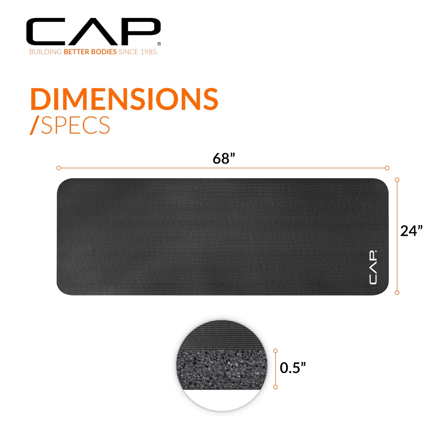 CAP Barbell Yoga Mat 1/2" Thick with Carrying Strap - High Density Exercise Mat for Yoga, Pilates, Stretching, Floor & Fitness Workouts - 68''x24''x1/2" | Black
