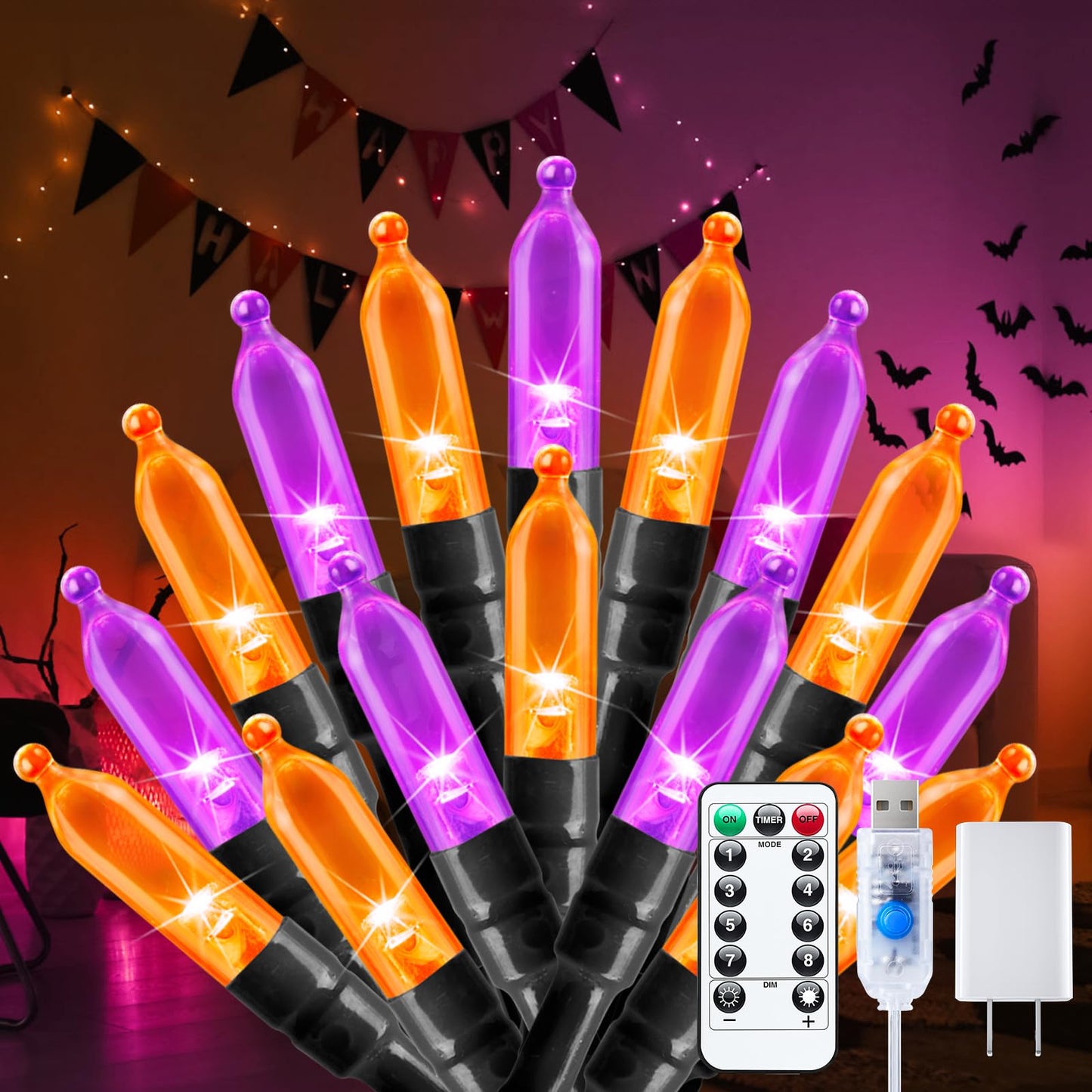 Minetom Halloween String Lights, 100 LED, 39 FT, USB Powered, Waterproof, Purple & Orange
