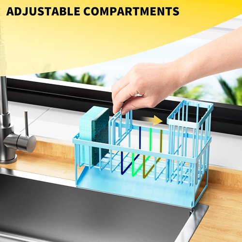 Cisily Blue Kitchen Sink Caddy Organizer - Rustproof Stainless Steel with Brush & Sponge Holder