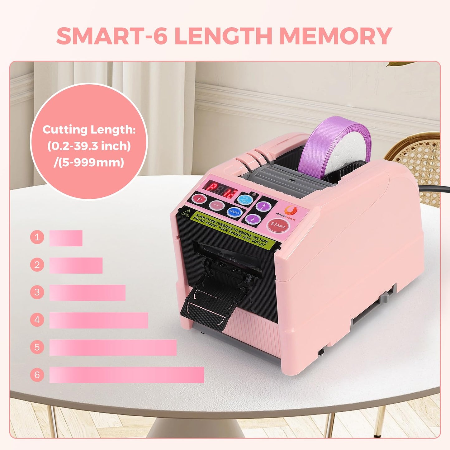 BEAMNOVA Upgraded Ribbon Cutter Machine Automatic Tape Dispenser Desktop Electric Auto Precut Adhesive Tapes Cutting Machine, 6 Lengths Sets, 6-60 mm Width, 5-999 mm Length