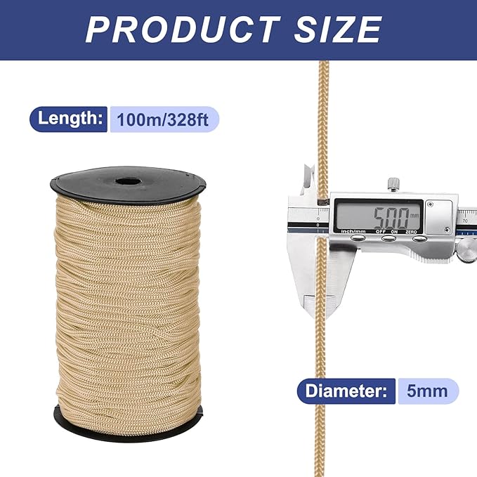 MECCANIXITY 3/16 Inch Polypropylene Rope Braided Ropes, 328ft Nylon Rope Hollow Utility Cord for Clothesline, Camping, Hiking, Outdoor, Khaki