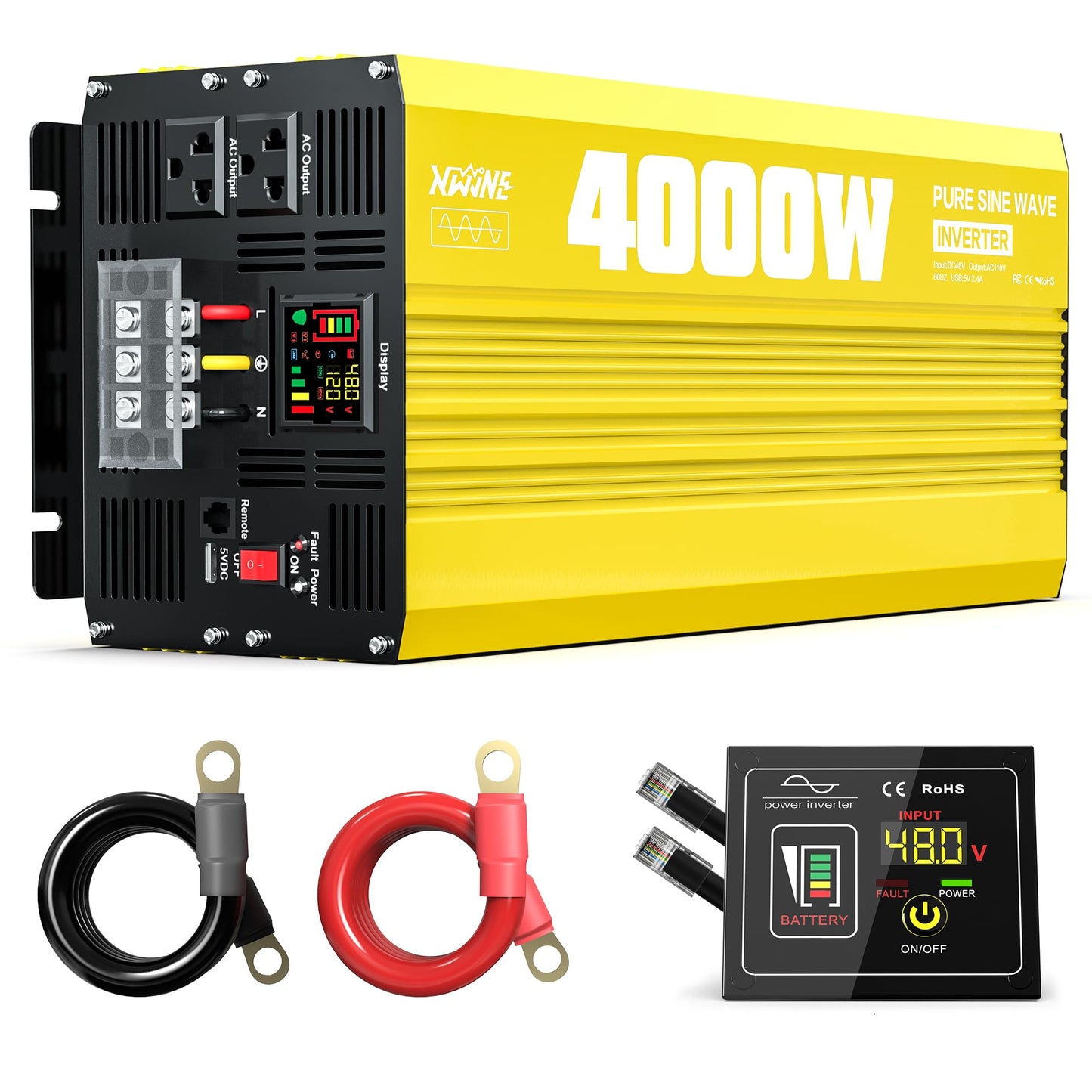 XWJNE 4000W Pure Sine Wave Power Inverter 48V DC to 120V AC Converter with LED Display and Remote Controller for Home, RV, Truck, Off-Grid Solar Power