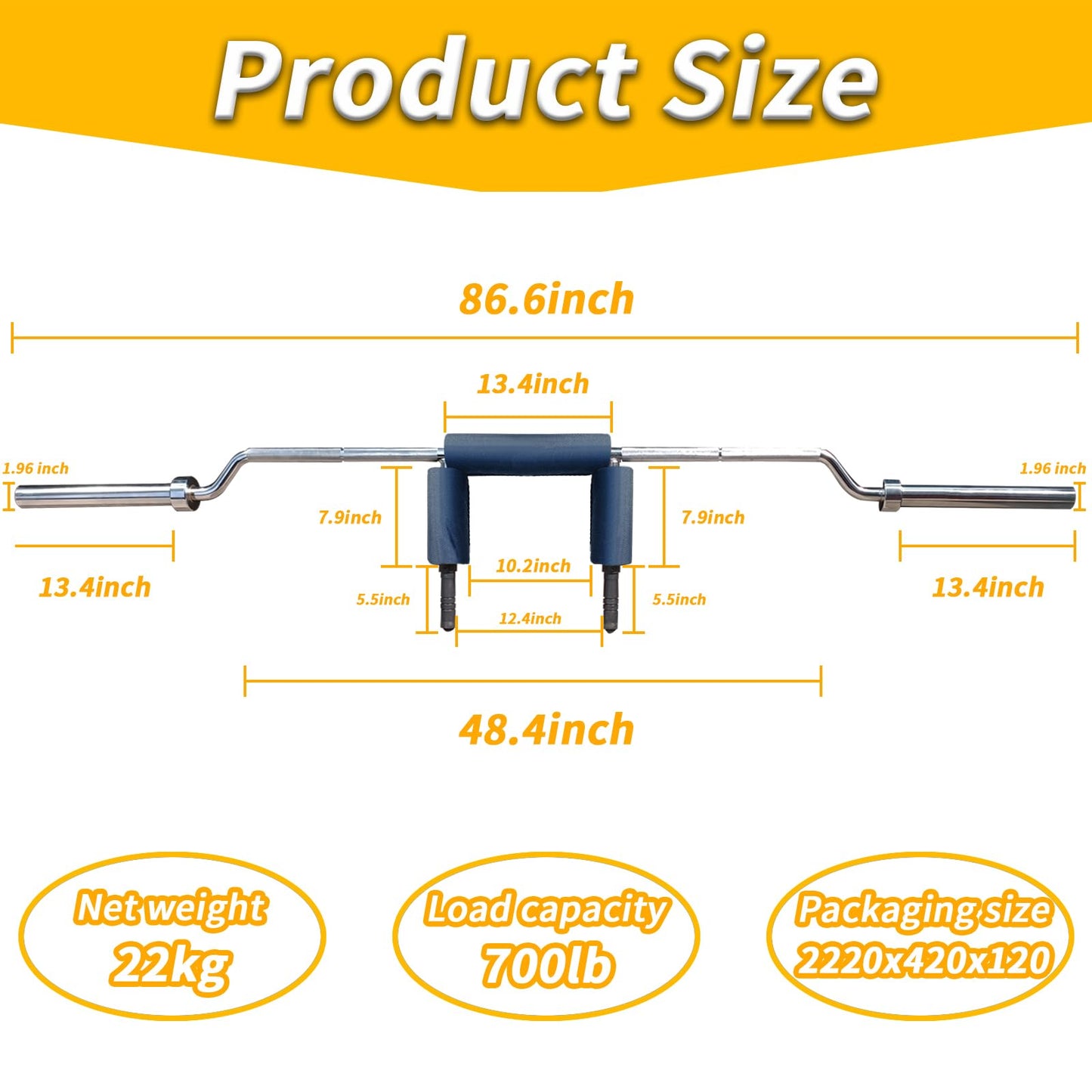 700LB Steel Safety Squat Bar with 2 Barbell Clips, Neck & Shoulder Pad & Removable Handle, Fits 2" Plates, Strength Training Bar (Without Weights)