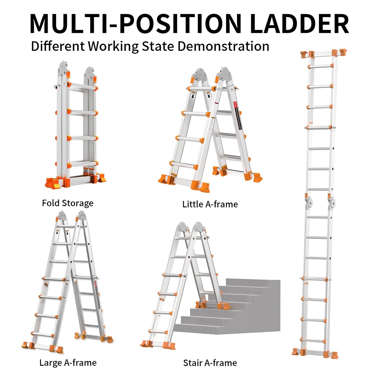 Valeo Ladder 14FT, Multi Position 4 Step Ladder Extension, Anti-Slip A Frame Folding Ladder with Removable Tool Tray, 330lbs Adjustable Telescopic Aluminum Ladders for Stairs Home Indoor Outdoor Roof