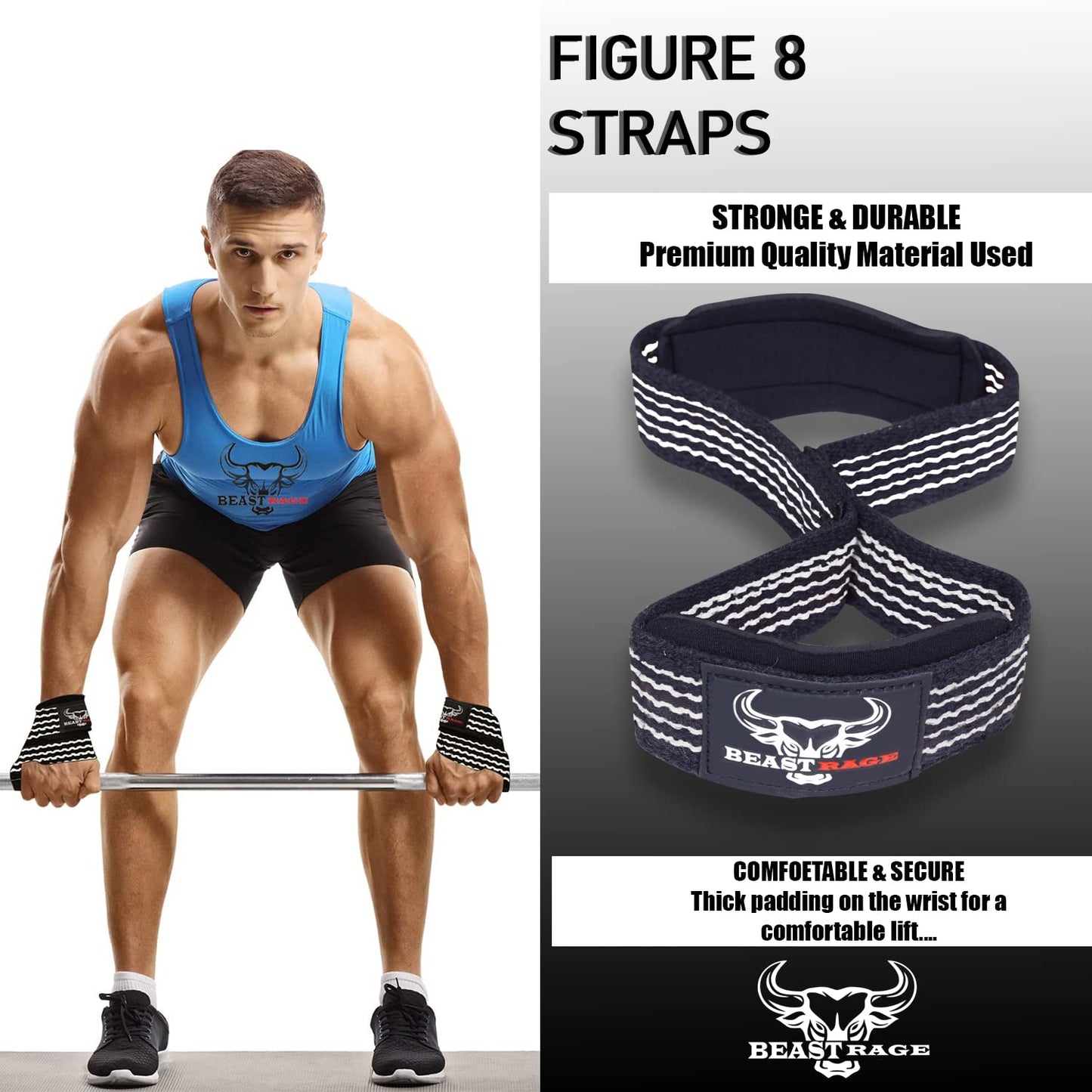 BEAST RAGE Heavy Duty Lifting Wrist Straps for Weightlifting, Figure 8 Loop Powerlifting Deadlift Strap wraps Weights Padded Support Professional Fitness Gym Bodybuilding (White)