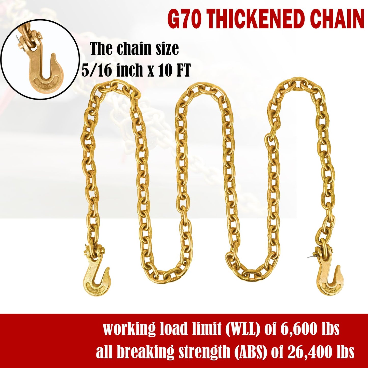 2 Pcs 5/16'' to 3/8'' Chain and Binder Kit, Ratchet Load Binder with Work Load Limit 9200 LBS, 5/16''x10 FT Grade 70 Chain with Working Load Limit 6600 LBS for Heavy Duty Cargo Flatbed Trailers