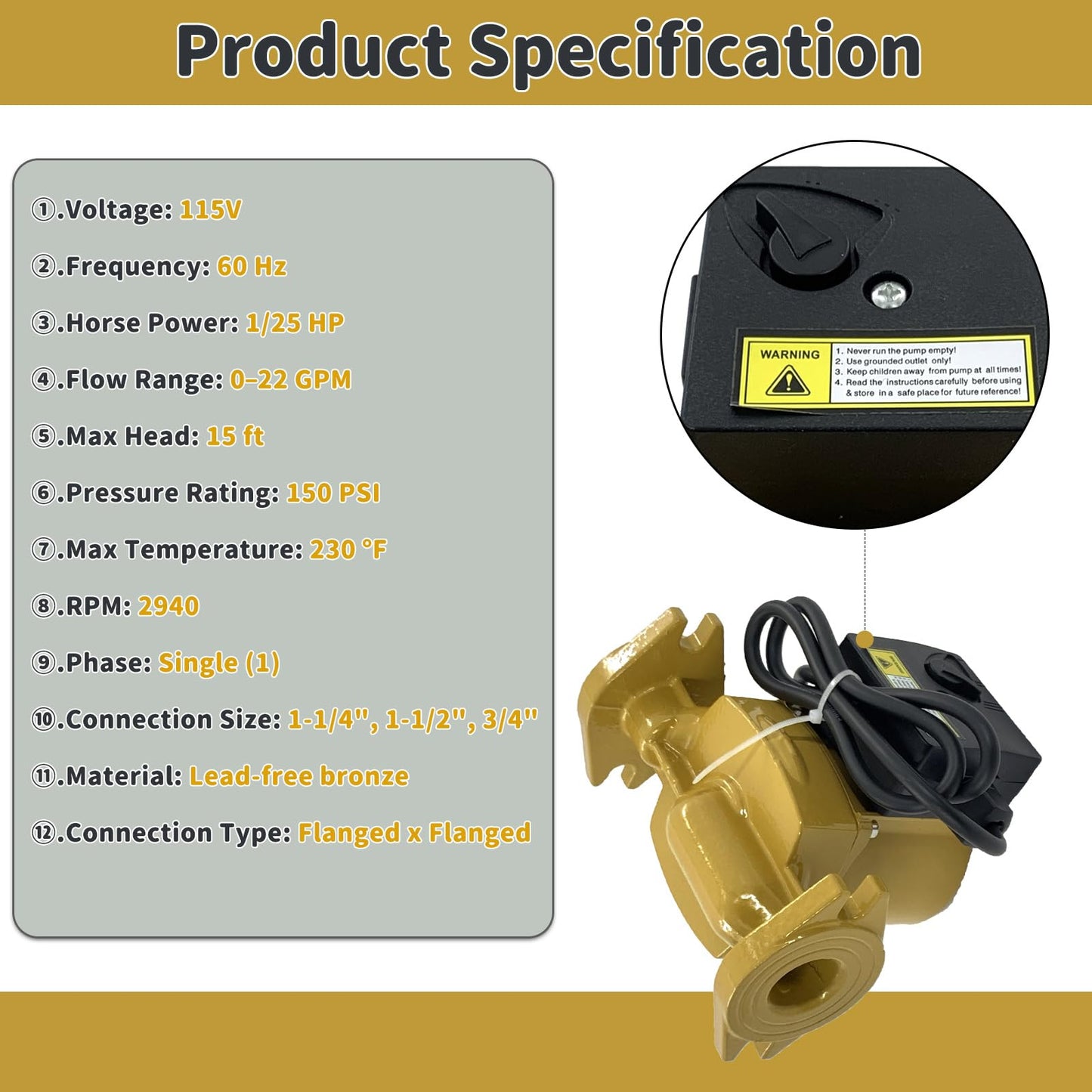 NBF-22 Hot Water Circulator Pump, 1/25 HP 115V 60Hz, Compatible with Bell & Gossett 103252LF Lead-Free Bronze Recirculating Pump, for Potable Water/Nbf and SSF