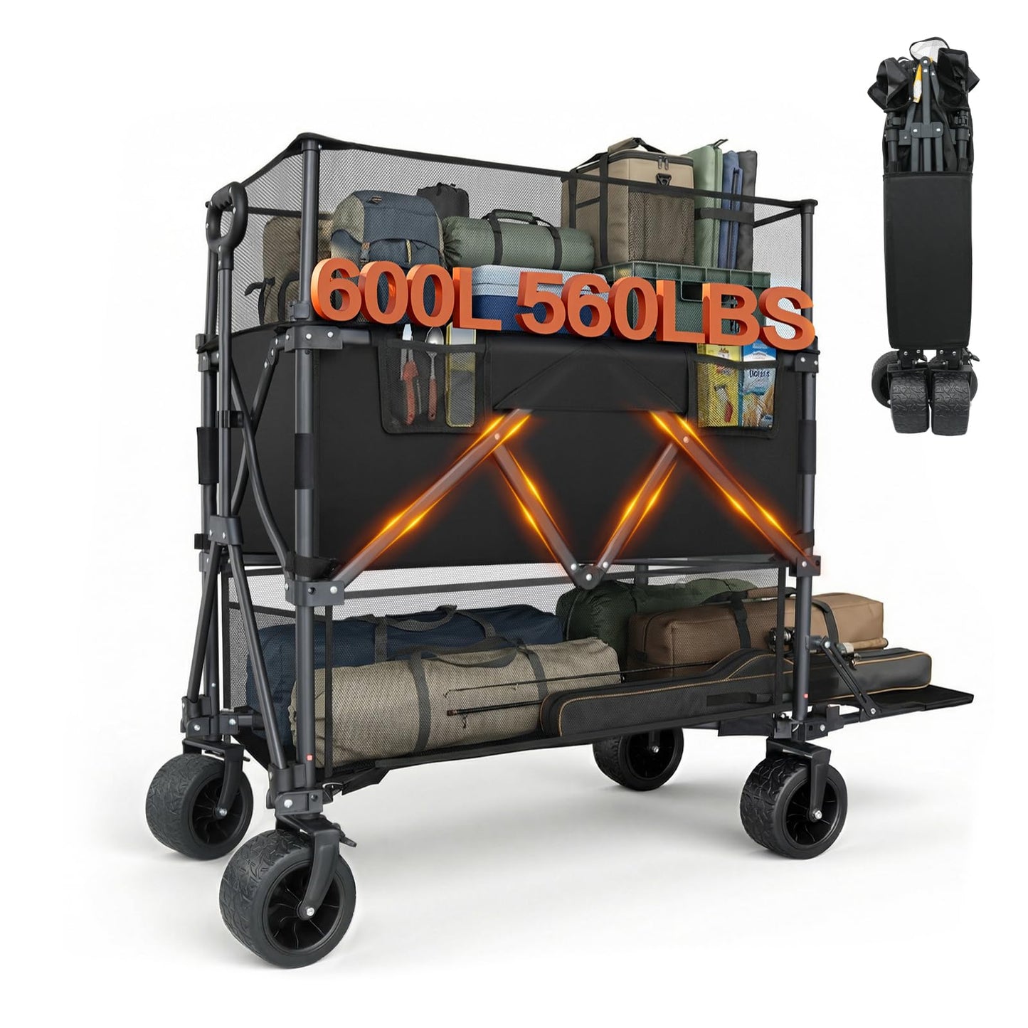 Double Decker Wagon with Retractable Mesh & Tailgate - 560Lbs Load Heavy Duty Foldable Collapsible Wagon Cart with Wheels for Camping, Beach, Groceries, Sports (Black)