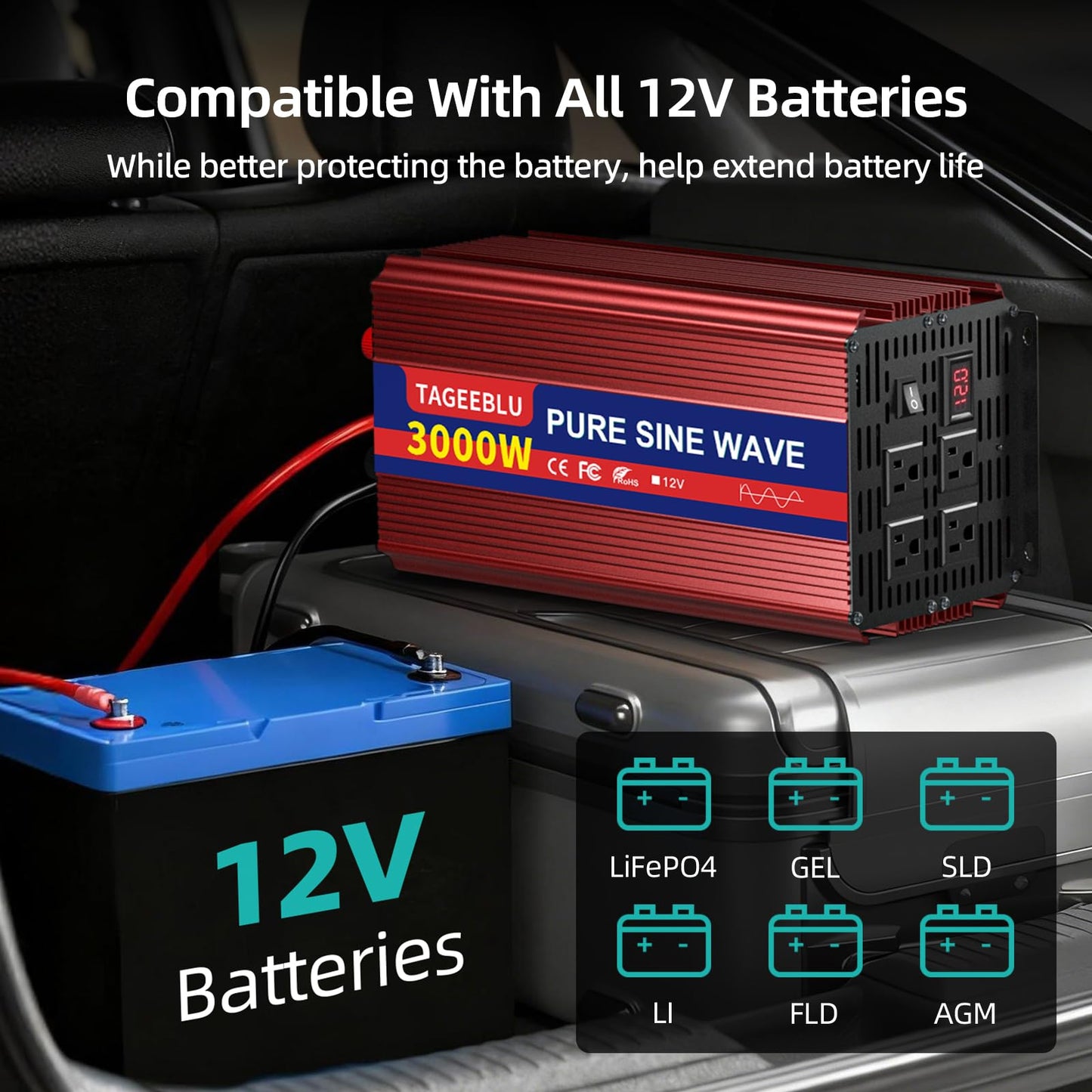 TAGEEBLU 3000W Pure Sine Wave Inverter - 6000W Surge Peak, 12V DC to 110V AC Heavy Duty Power Inverter for RV, Truck, Home, Solar, Off-Grid, Outdoor, Car Converter with 4 AC Outlets and LCD Display