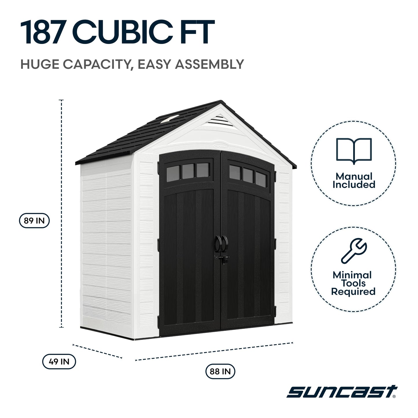 Suncast 7x4 Ft. Vista Vertical Resin Shed - Outdoor Storage Shed with Floor, Double Doors, IllumiVent™ Ventilation, Reinforced Resin Panels - Ideal for Ladders, Long-Handled Tools, & Garden Equipment