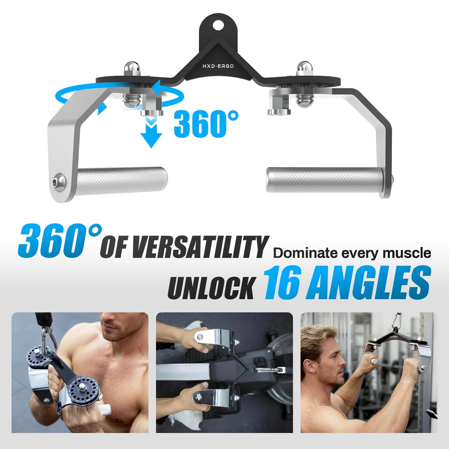 HXD-ERGO 360° Rotating LAT Pull Down Bar Set, LAT Pulldown Attachments with 16 Lockable Angles, 3 Grip Widths Cable Machine Attachment for Full Body Workout, Home Gym Equipment